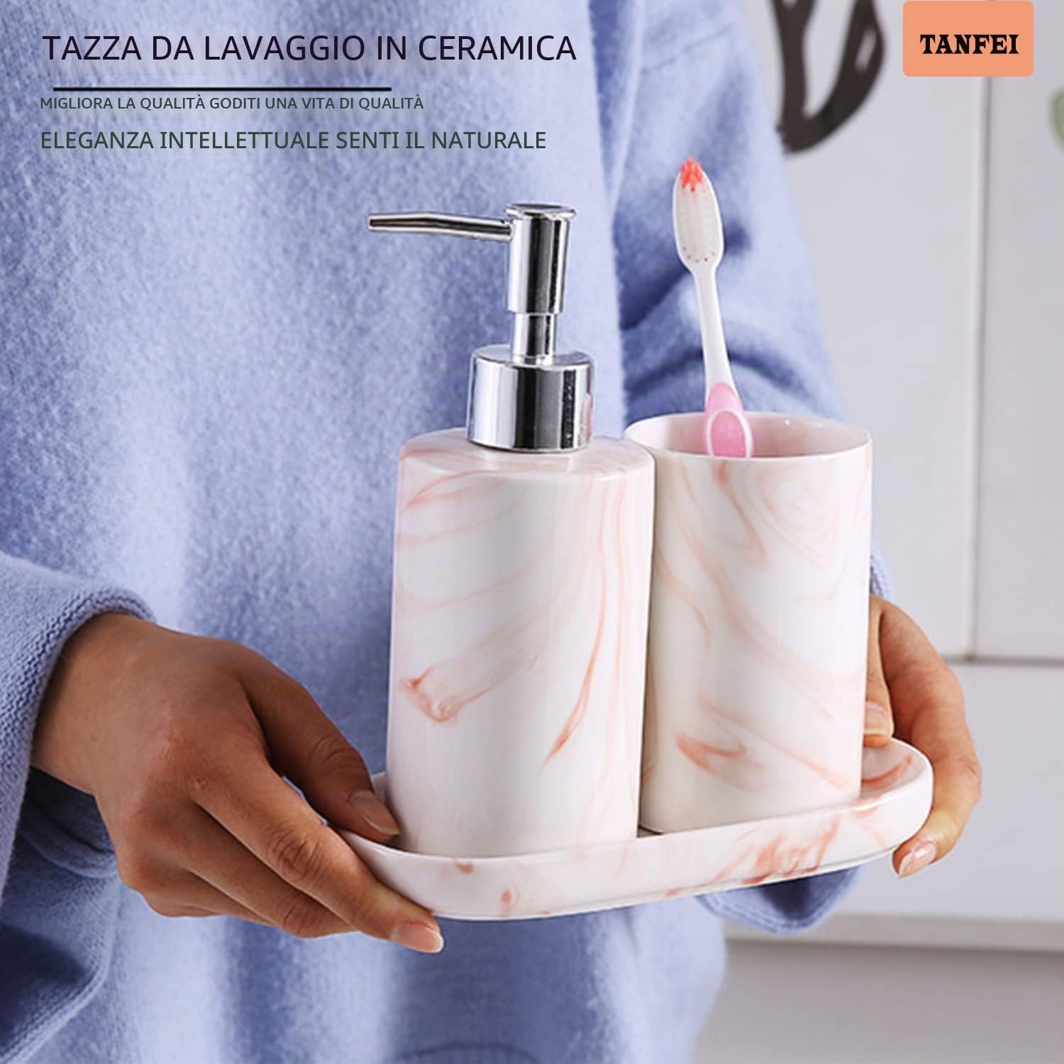 Portasapone, dispenser di sapone liquido, tazza per spazzolino da denti, set di accessori da bagno in marmo e ceramica (rosa)