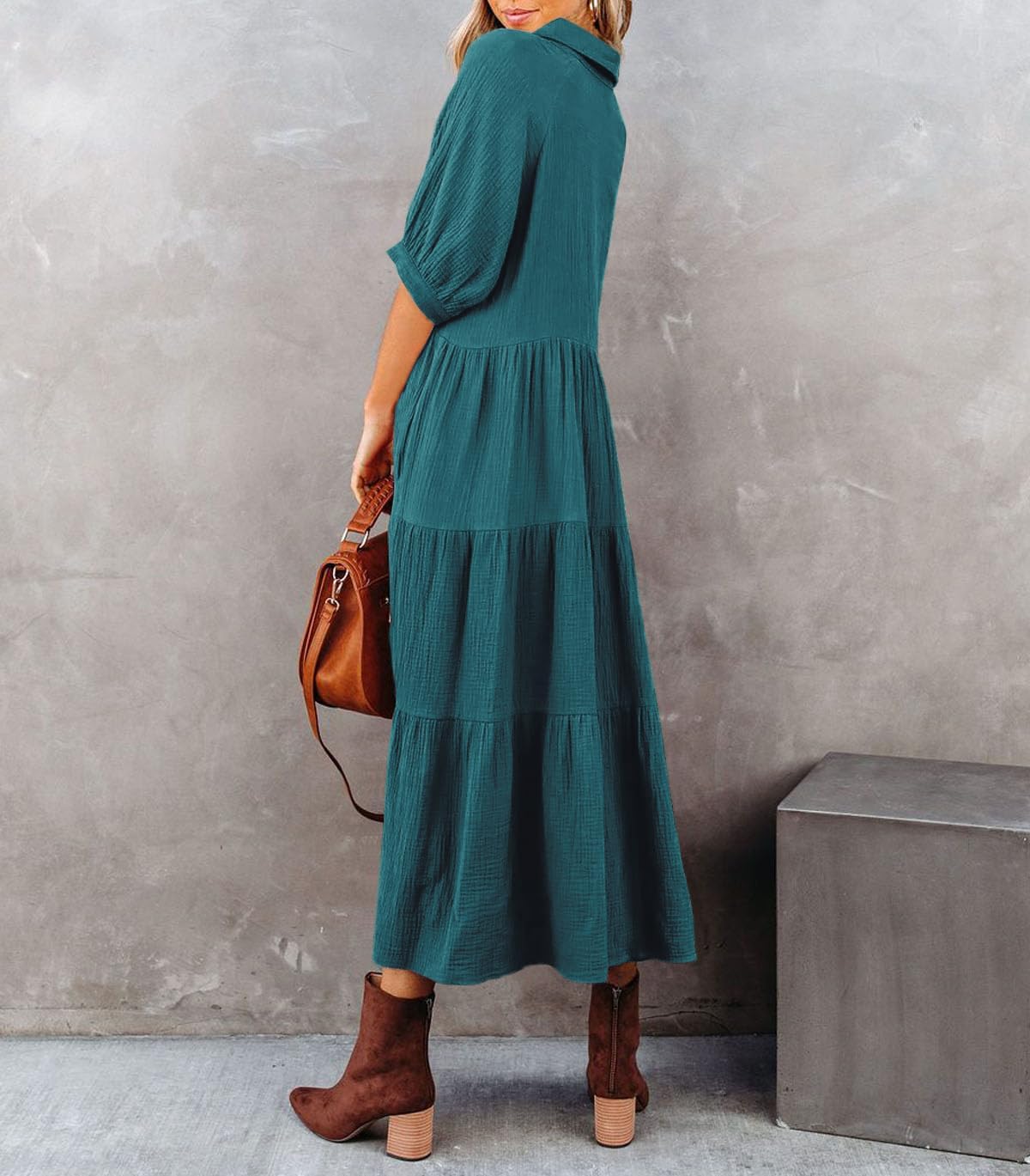 R.Vivimos Women's Summer Cotton Half Sleeves Button Down Casual Loose Slit Midi Dress with Pockets - Image 2