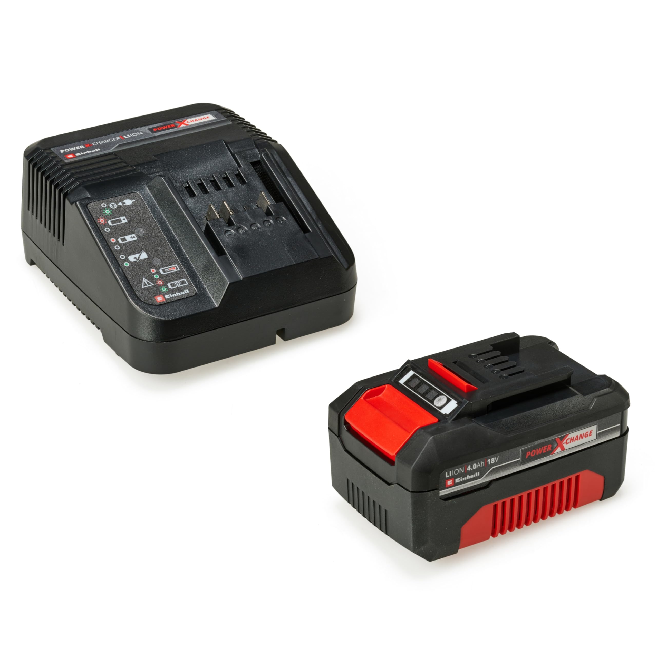 Einhell TP-ET 18 Li Bl - Solo Frezarka Krawędziowa, Szary/Czerwony, 40 mm & Einhell Power X-Change Akumulator z Ładowarką, Czarny/Czerwony, ‎12,8 x 10,5 x 5,7 cm; 1,13 kg