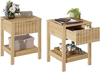 Fluted Night Stand with Golden Handle,Set of 2 Mid-Century Nightstands with Drawer, Bedside Table with Storage Shelf,Large End Tables for Livingroom,Bed Side Tables for Bedroom, Natrual Oak