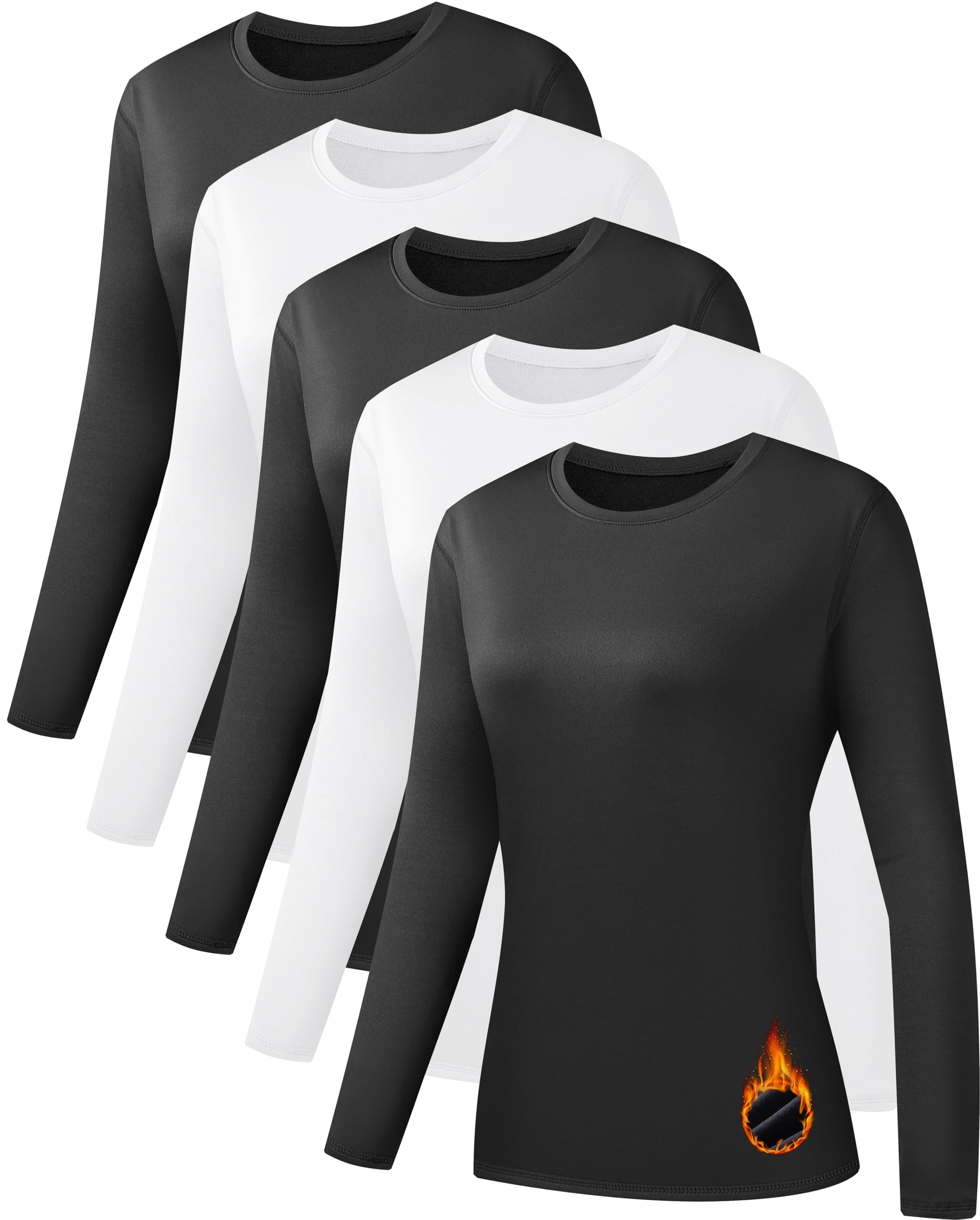 5 Pack Long Sleeve Thermal Shirts for Women Ultra Soft Fleece-Lined Crew Neck Workout Baselayer Tops-image-30