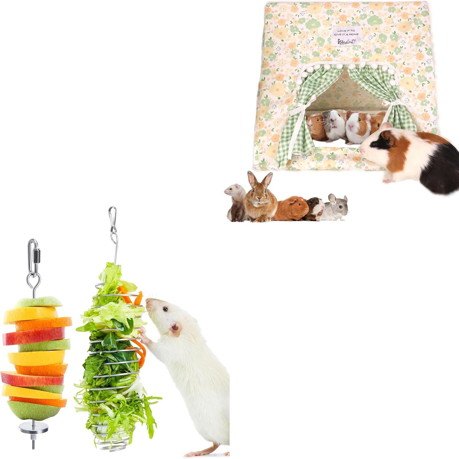 Guinea Pig Hideout with Curtain and Chinchilla Wood Hammock - Cozy Small Animal Houses with Hanging Bed for Rabbits Ferrets