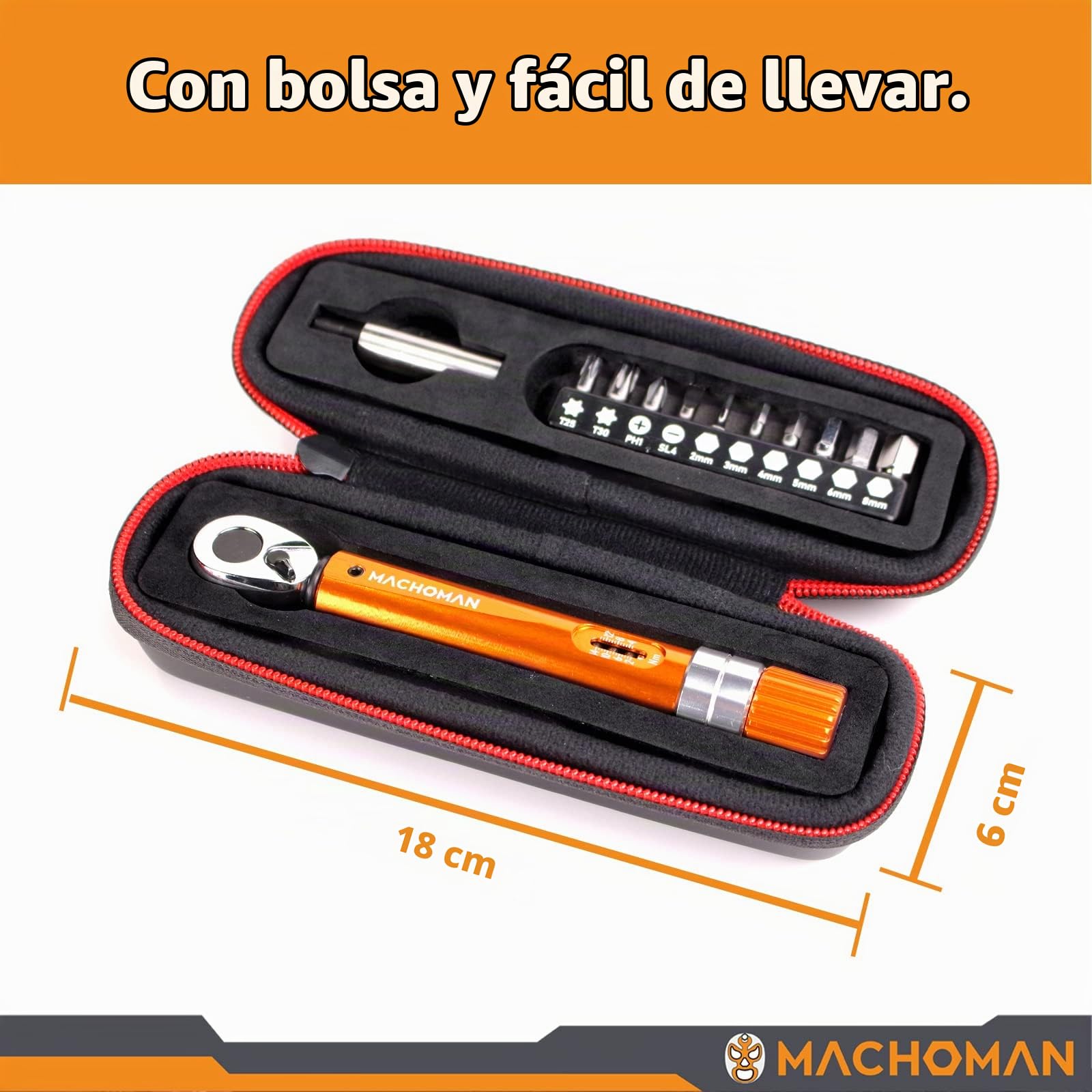 MACHOMAN Llave Dinamométrica Bicicleta 2-14 Nm 1/4, Carraca 72 Dientes | Carraca 72 dientes, puntas Hex Torx PH SL, portapuntas y extensión para manillar sillín freno