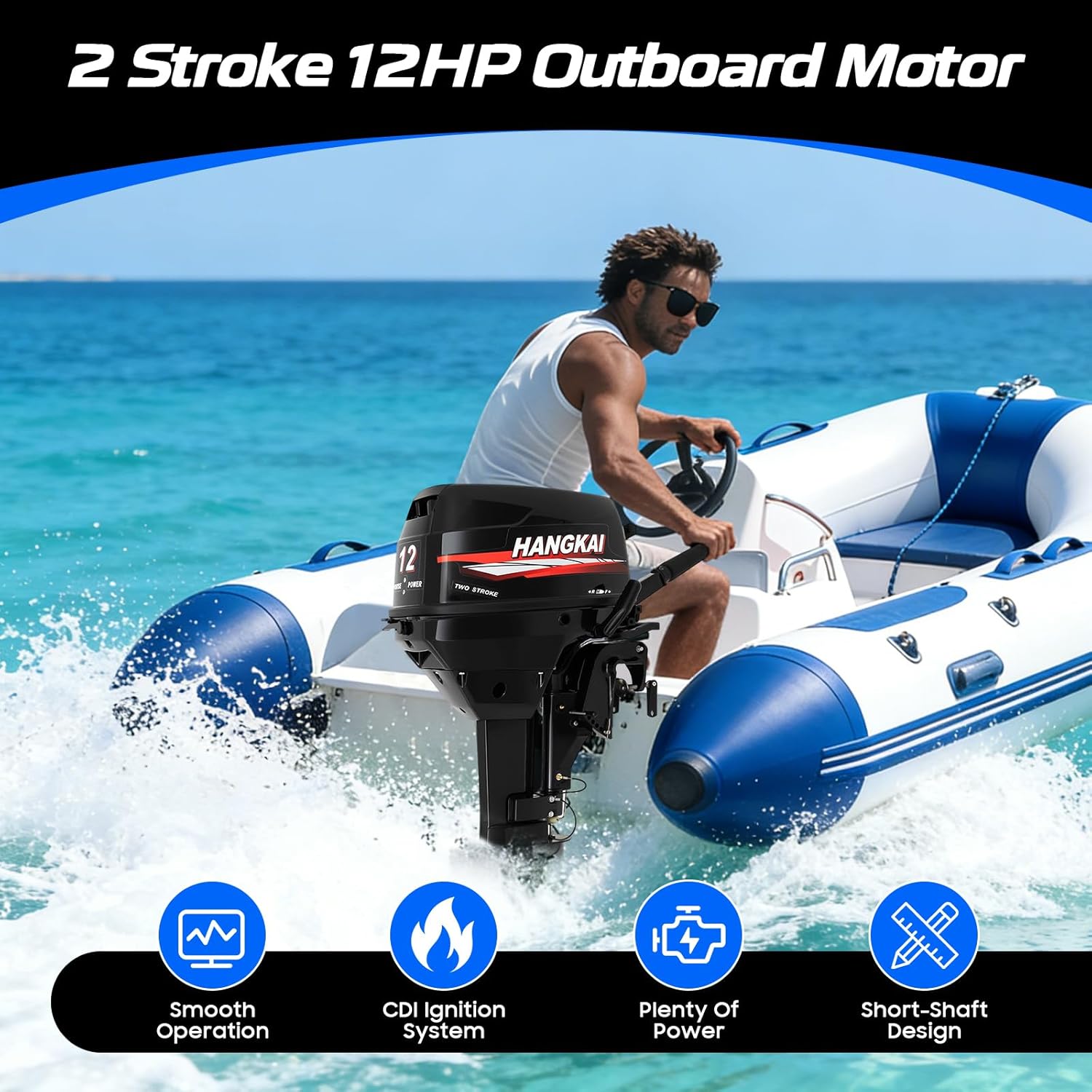 Hangkai 2-Stroke 12HP Outboard Motor, Multi-gear Outboard Motors, Outdoor Boat Motors with CDI Ignition System Water Cooling System for Rubber Boats Inflatable Boats Yachts