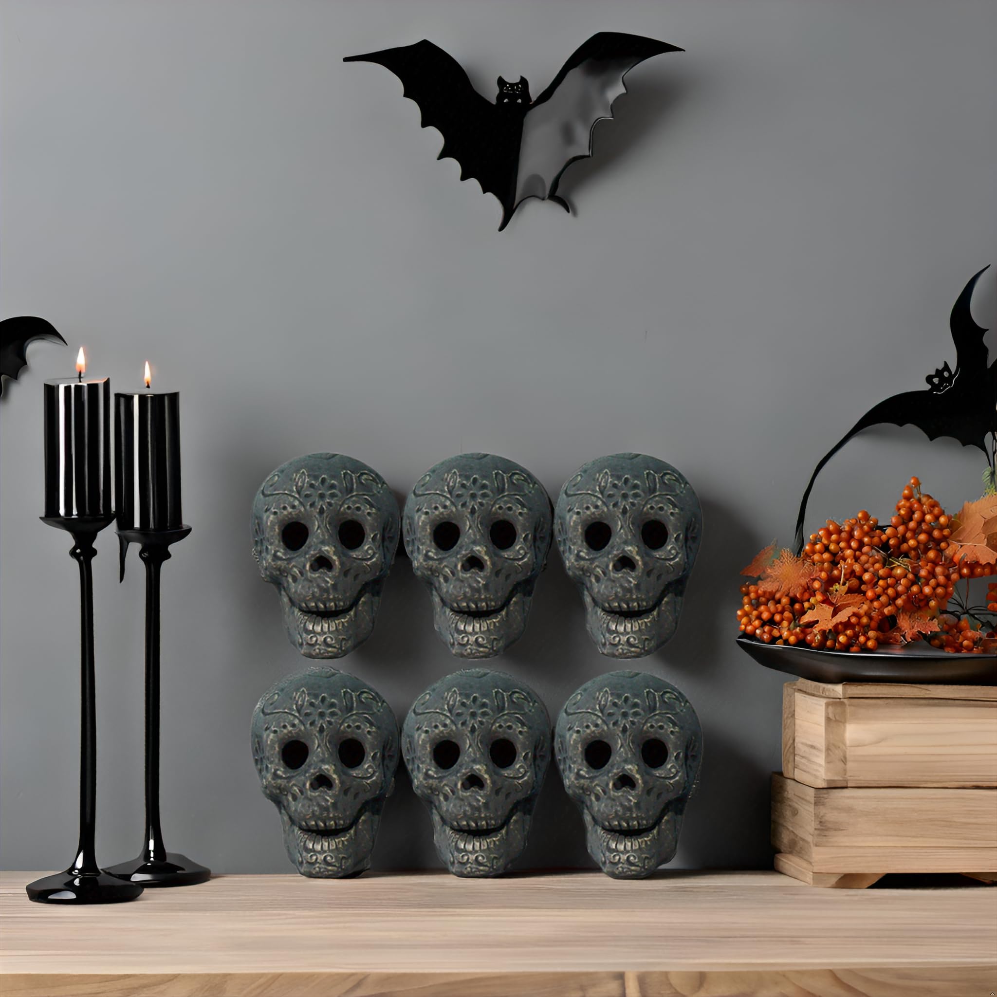 Reusable Ceramic Halloween Skull, Fire Pit Skulls, for Bonfire, Campfire, Fireplace, Firepit, Table Top Skeleton Head Home Decor (Small Black)