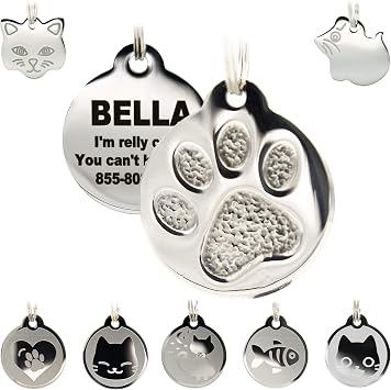 Stainless Steel Cat ID Tags - Engraved Personalized Cat Tags Includes up to 4 Lines of Text with Round Paw Shape
