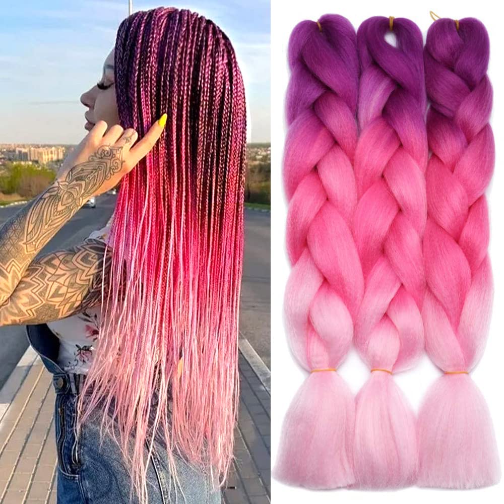 PORSMEER Púrpura/Rojo/Rosa Extensiones de cabello pelucas accesorios Trenzado de cabello Jumbo trenza para trenzas de torsión,3 Pack 24" Kanekalon de fibra sintética para mujeres o niños
