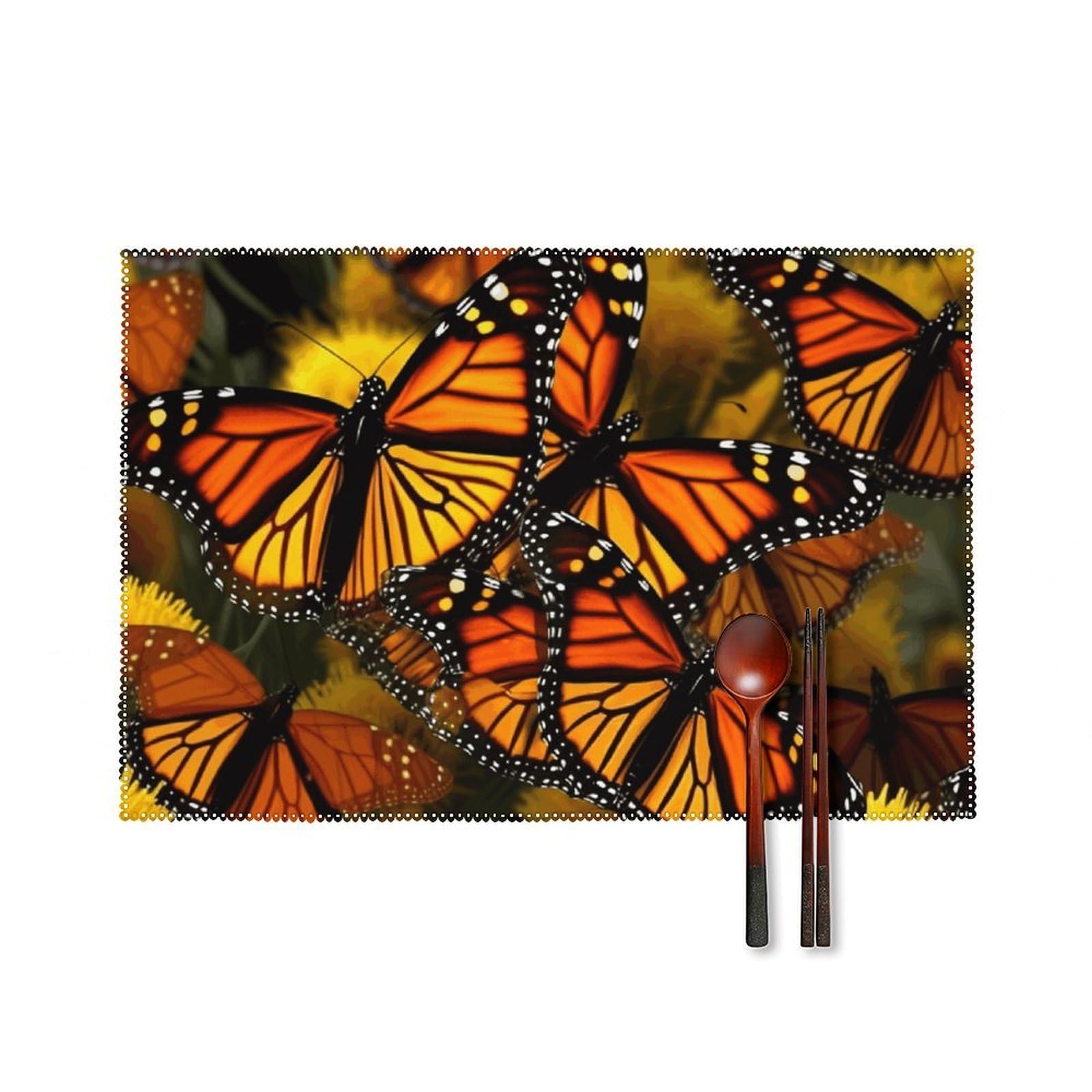 Monarch Butterflie Placemats Set of 6, 12x18 Inch Heat Resistant Washable Canvas Table Mats, Stain Resistant Decorative Dining Placemats for Kitchen, Restaurant, Outdoor Party