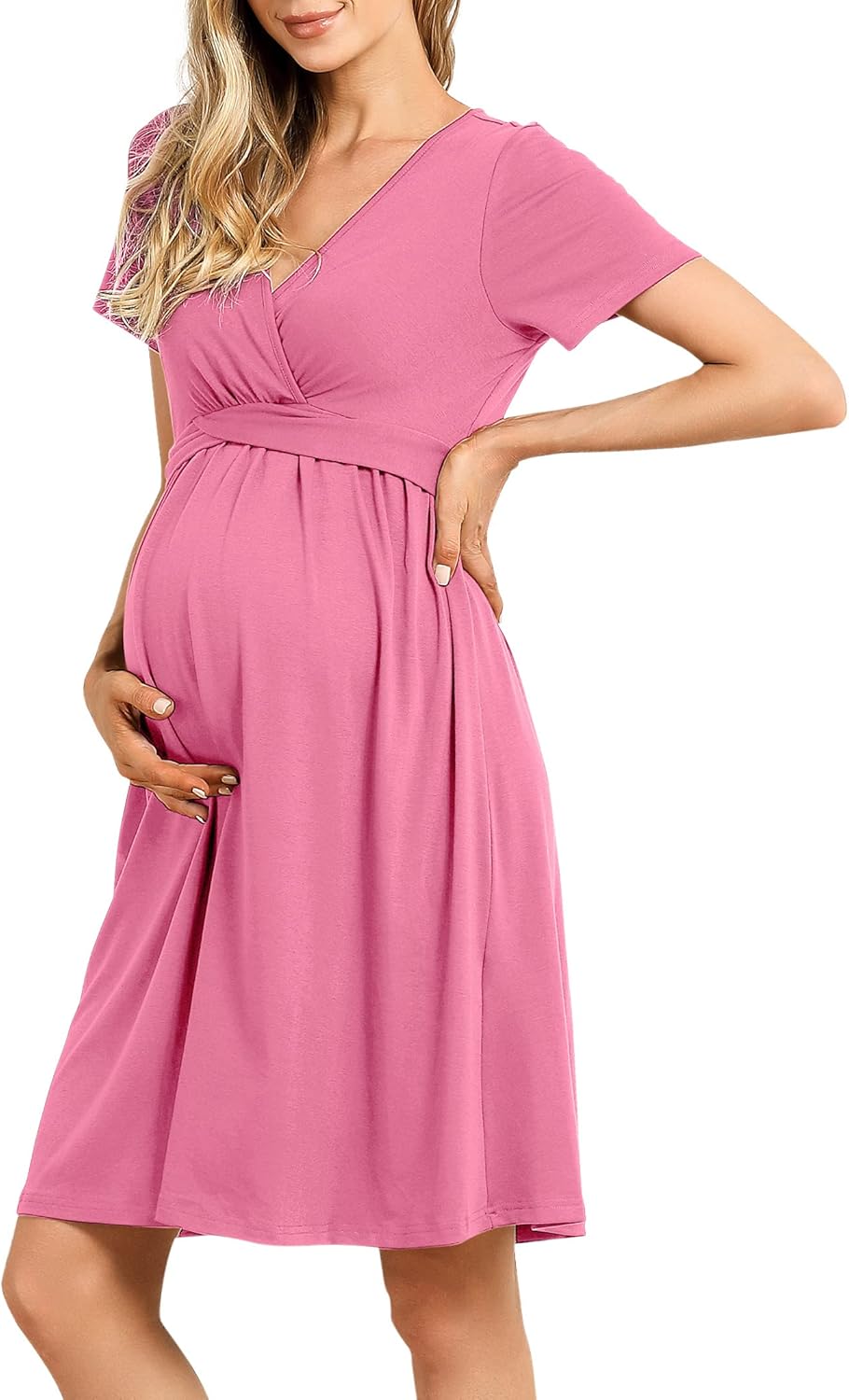 Abito Premaman Elegante Con Scollo A V E Maniche 3/4 - Per Gravidanza E Allattamento, Con Cintura In Vita