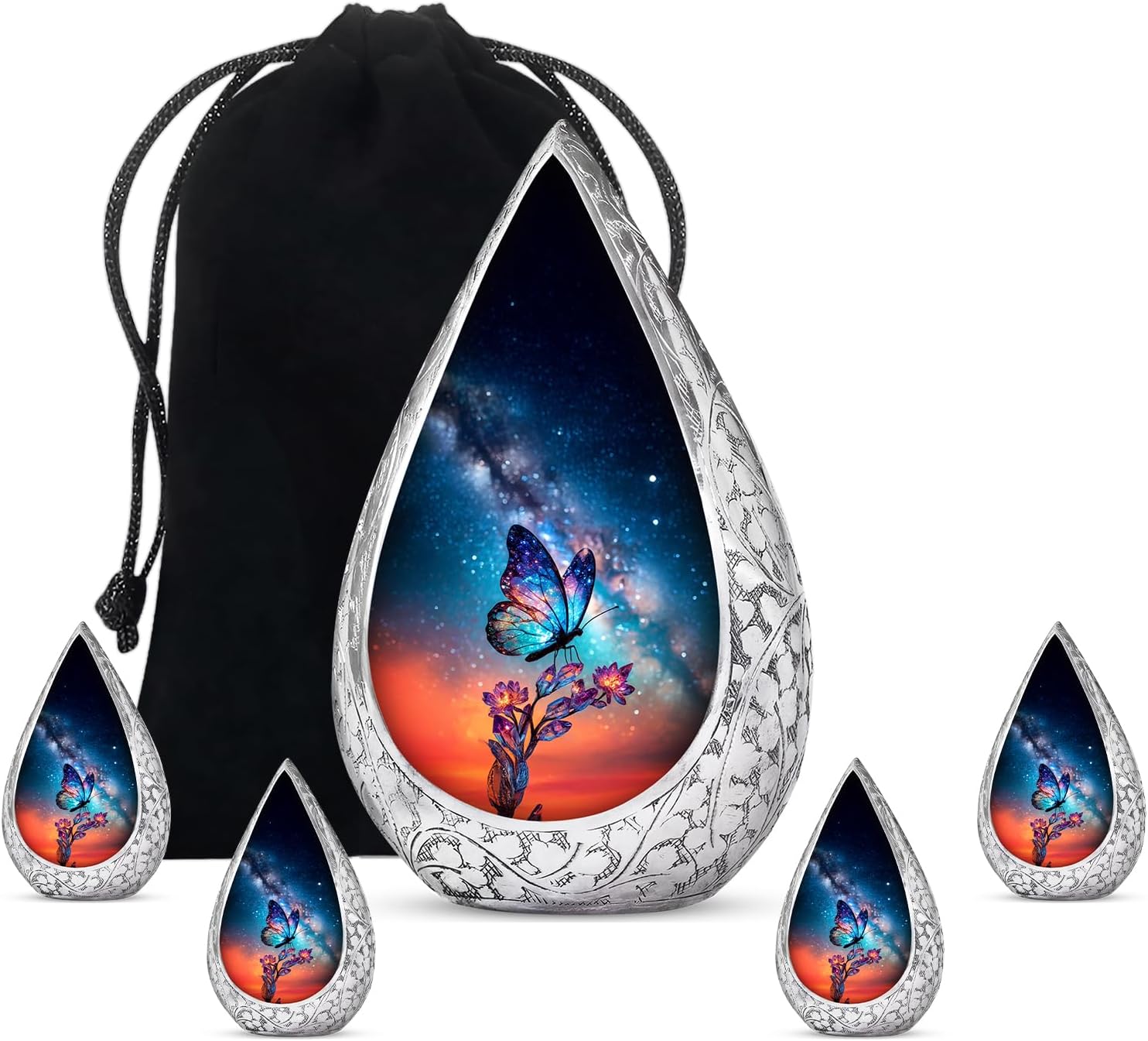 Monarch Butterfly Memorial Urn for Ashes - Sunset Large Cremation Urns - 4 Little Burial Urn for Human Ash Men - Blue Teardrop Funeral Urns Ash for Adult Male & Female (Set of 5-10" & 3")