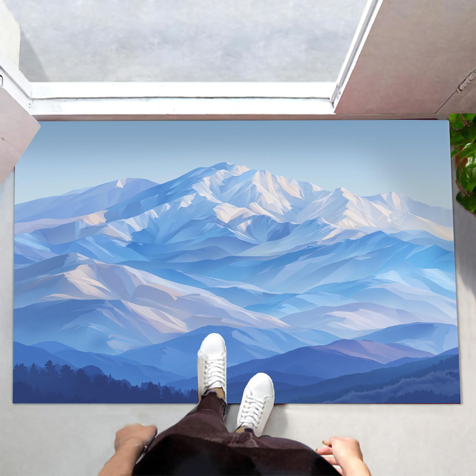 Tapete Azul Montañas Escarpadas Cubiertas Nieve Puerta Felpudo Entrada Exterior Atrapar Suciedad Alfombra Ilustraciones Minimalistas Para Interior Jardines Cocina Pasillo Trasera Delantera,80X120Cm