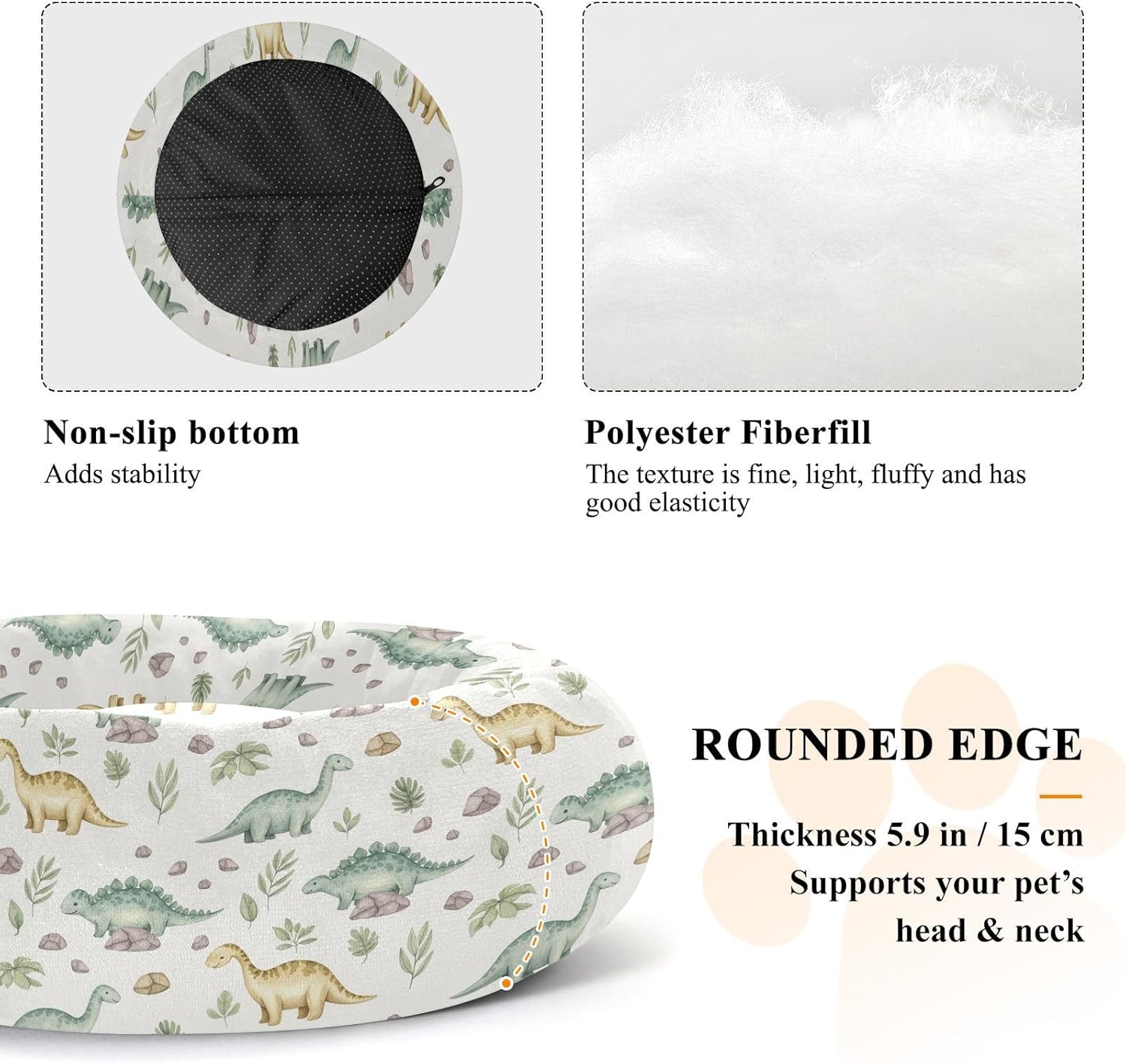 Dinosaurs Rocks White Pattern Dog Bed Round Donut Washable Puppy Cat Bed Small Pet Medium Dog Beds Mat for Dogs Cats Non Slip Soft,M