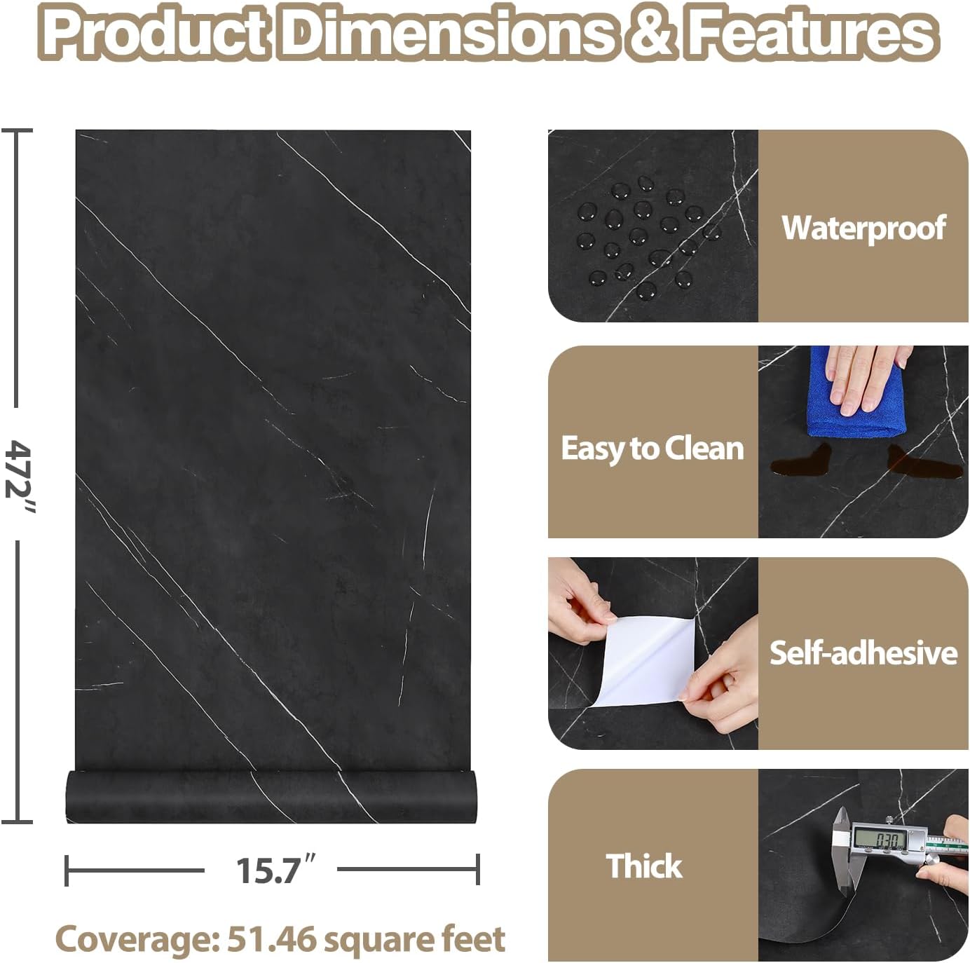 Matte Black Marble Countertop Contact Paper Peel and Stick Marble Wallpaper Black Vinyl Wrap for Countertops Waterproof 15.7"x472" Self Adhesive Removable Dark Kitchen Wallpaper for Cabinets
