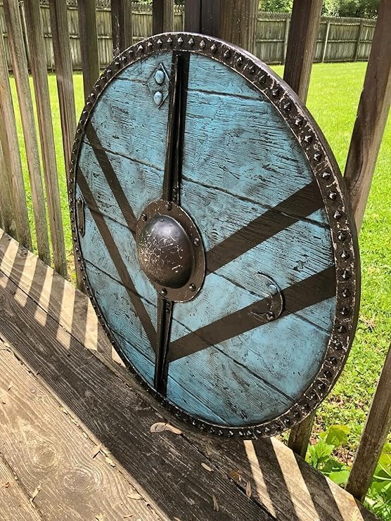 AJMICO - Viking Round Shield with Legartha Maiden Design, Medieval Knight Shield, Gift for Him, Blue, Wood for The Base