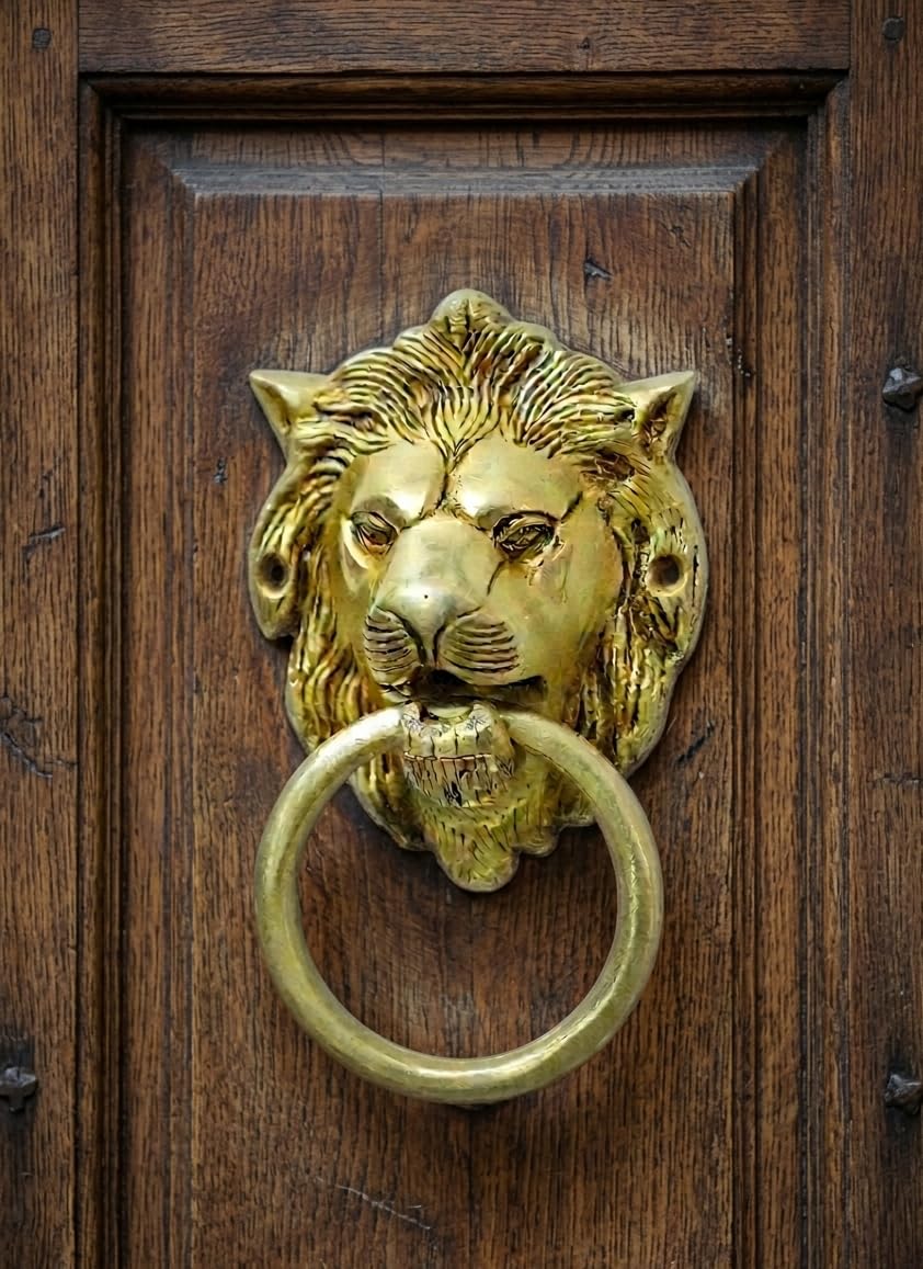 Vintage Gulley Brass Lion Head Door Knocker, Gold Finish, Ring Style, Classic Decorative Hardware-image-34