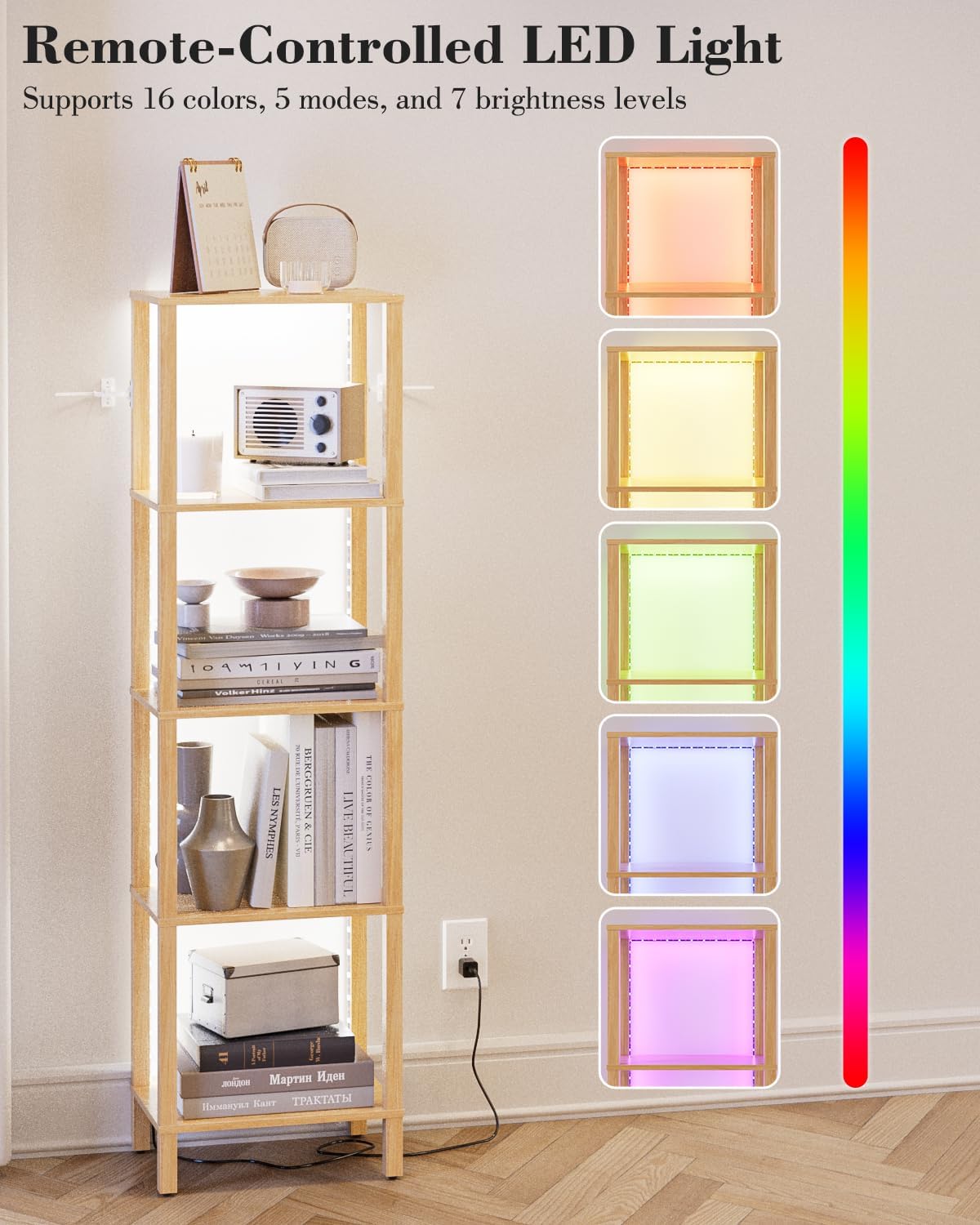 Open Book Shelf with LED Lights, 5 Tier Tall Bookshelf, Freestanding Shelf Narrow Bookcase with Open Shelves, 14.96" x 10.63" x 53.54", Book Shelves for Living Room, Office, Study, Oak