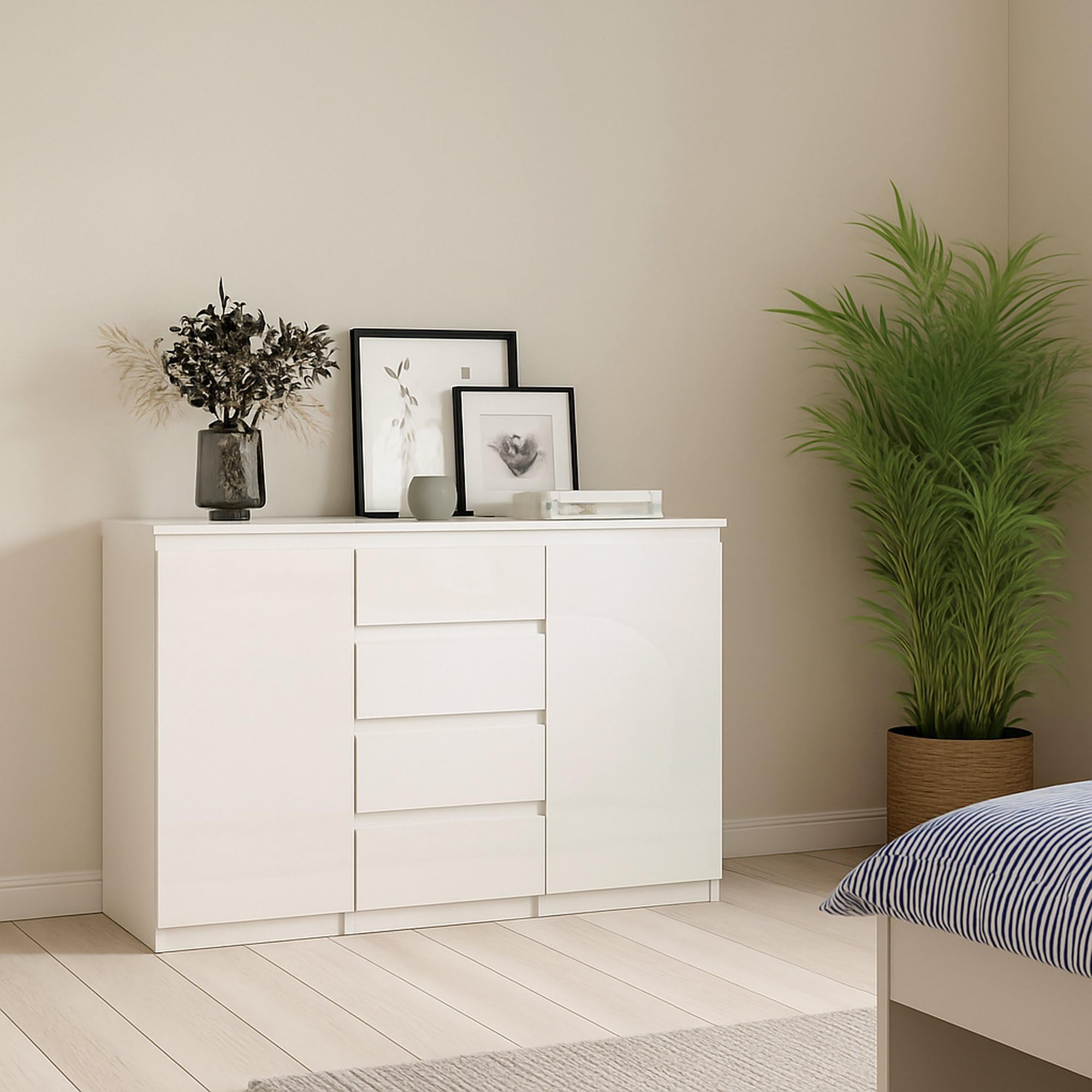 Dmora Sideboard mit Türen und Schubladen, weiß glänzend, 120 x 90 x 50 cm Küche, Haushalt & Wohnen