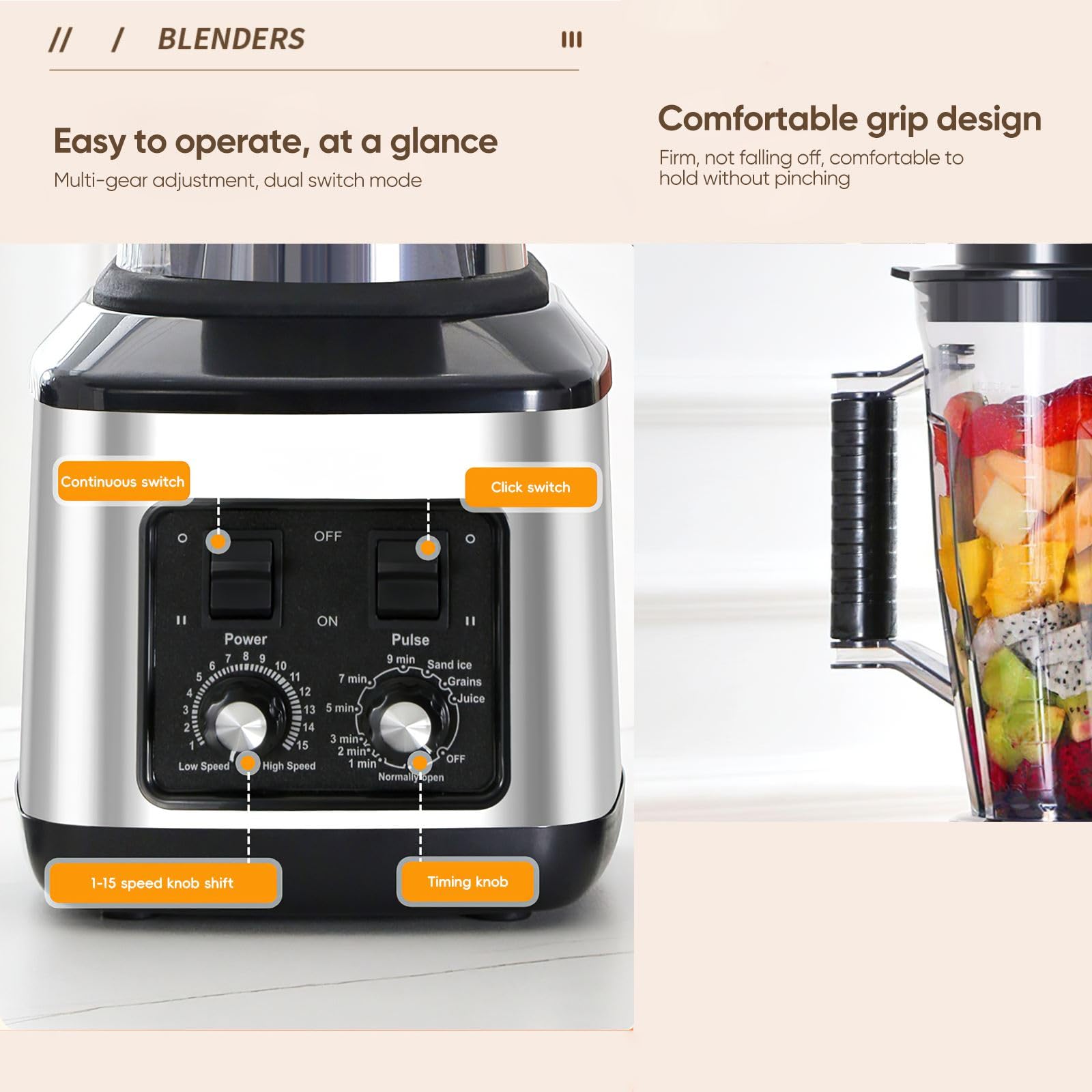 Frullatore professionale 3 in 1, frullatore per succhi e frullati con 15 velocità regolabili e funzione timer, 3 brocche e lame in acciaio inossidabile
