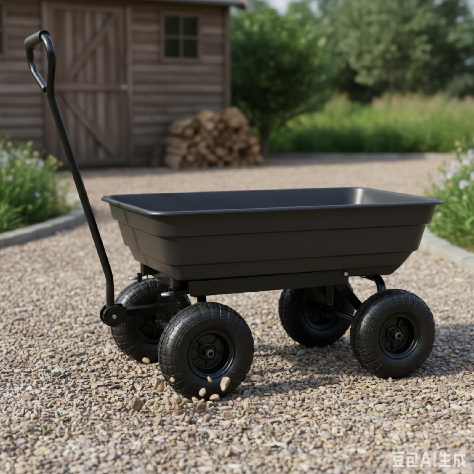 Carrito Jardín 75 litros con Cuba Volcable Robusto Carrito Utilitario Jardín con Neumáticos Goma para Paisajismo, Negro