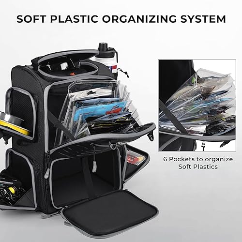 Miniatura 2 de KastKing Bait Boss Mochila de aparejos de pesca con soportes para caña, 4 cajas de aparejos, cubierta para lluvia, almacenamiento grande de 43 L