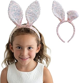 Summer Crystal Sequins Bunny Ears Headband For Girls and Women - Birthdays, Cosplay, Easter, Halloween, Holidays, and Parties (Pink)