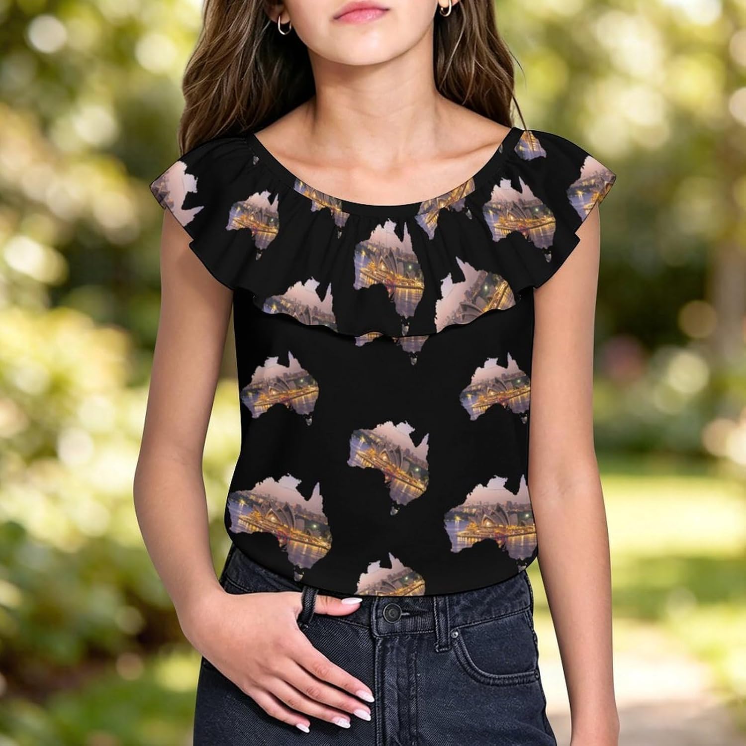 Sydney Opera House Australia Map Girls T-Shirts Top Ruffle Short Sleeve Blouse Casual Graphic Tees