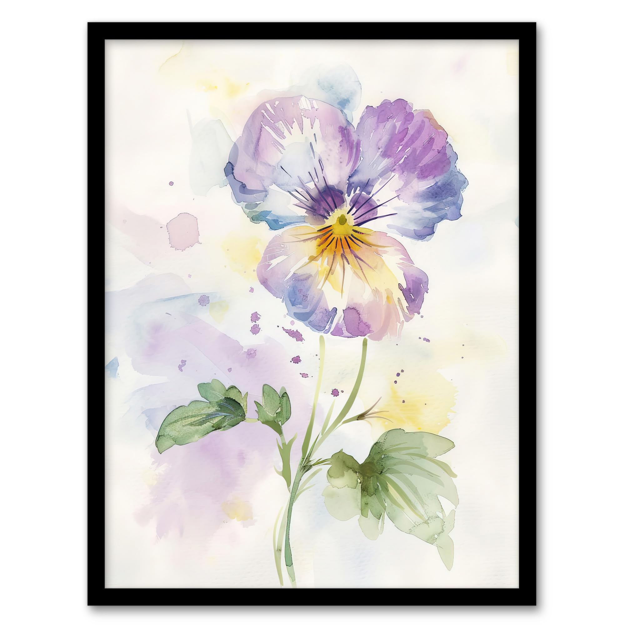 Artery8 Single Purple Pansy Simple Floral Watercolour Living Room Artwork Framed Wall Art Print A4