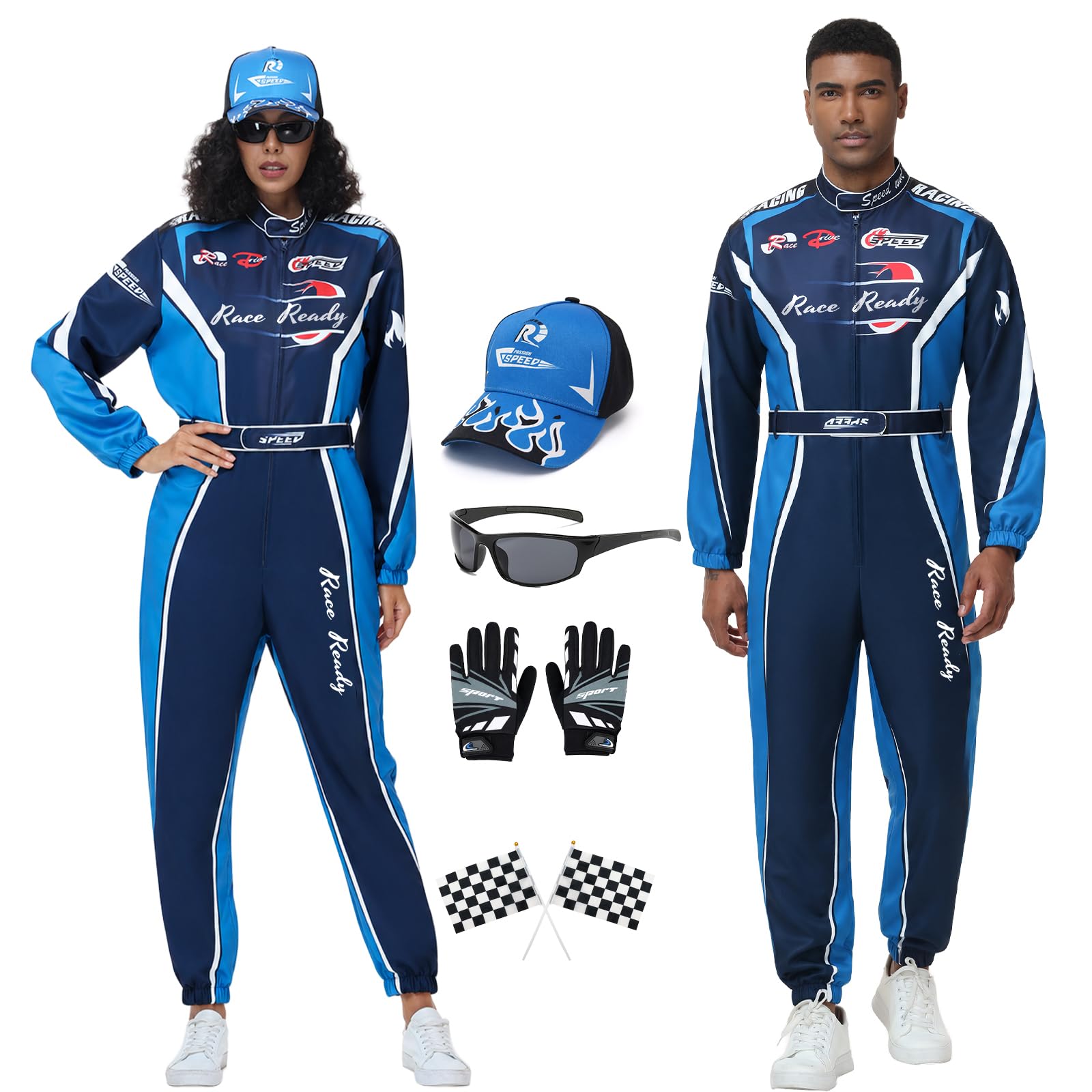 Lopbraa Unisex Adult Race Car Driver Costume with Accessories for Halloween, Navy Blue, Medium — image 1