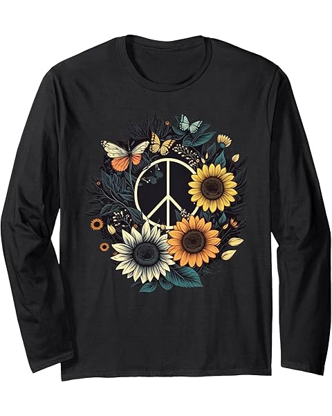 PEACE SIGN LOVE Sunflower on 60s 70s Sunflower Hippie Long Sleeve T-Shirt
