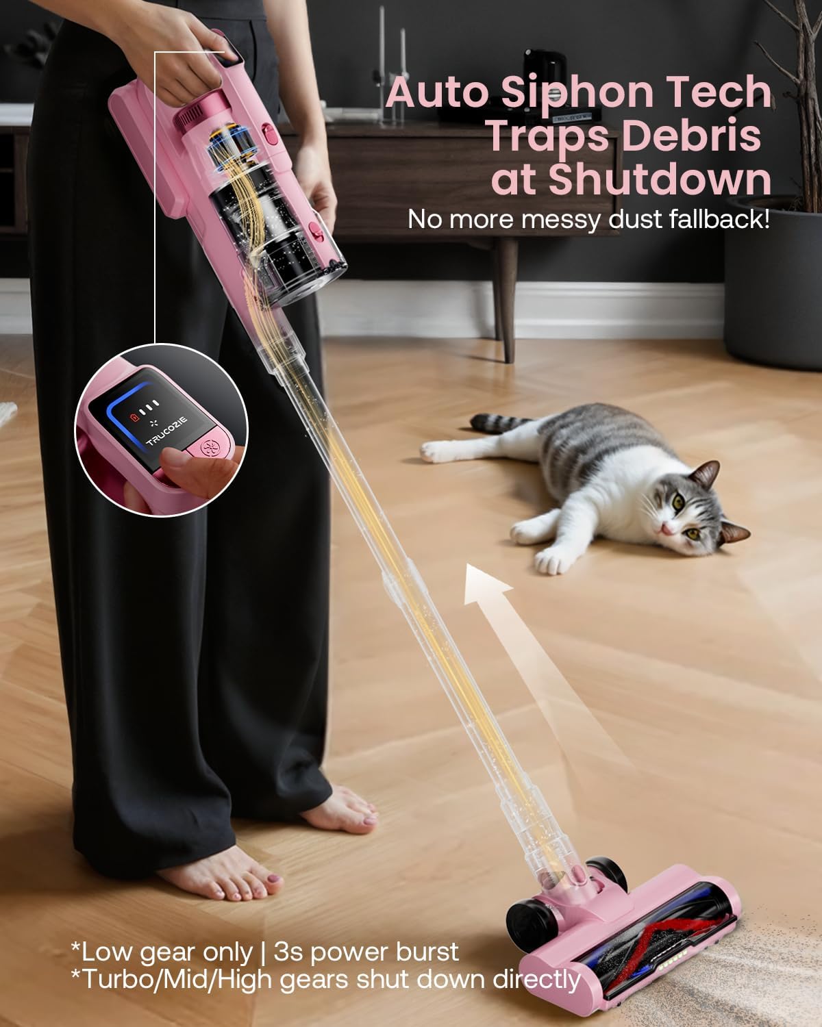 Cordless Vacuum Cleaner for Home, Upgraded 60Kpa Powerful Suction Pet Hair Vacuum with 70min Runtime, Green LED Light for Hardwood Floors & Carpet, Self-Standing Rechargeable Stick Vacuum, Light Pink