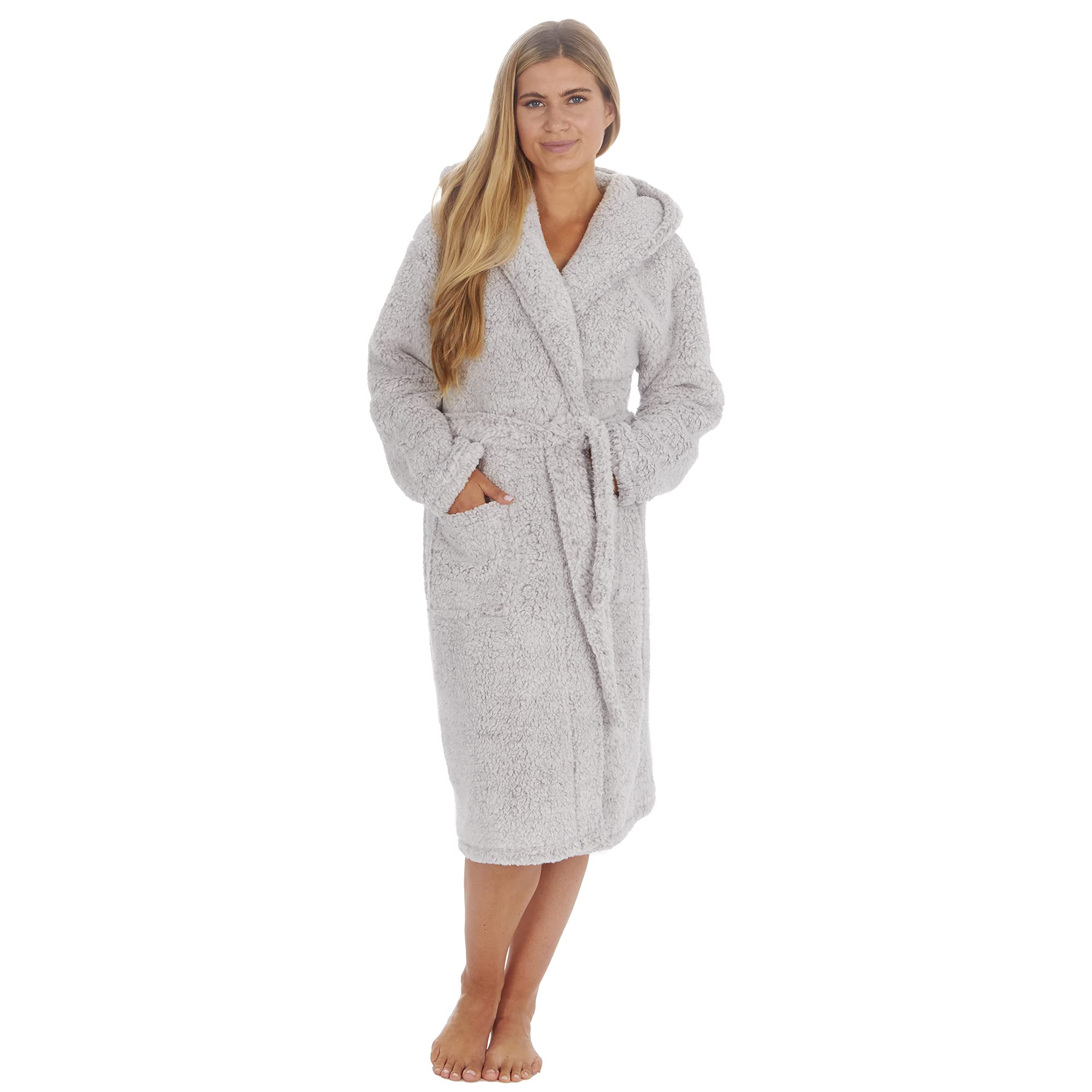 STC Stores Ladies Warm Winter Plain Borg Fleece Hooded Dressing Gown ~ Black, Grey, Pink (Grey, Medium)