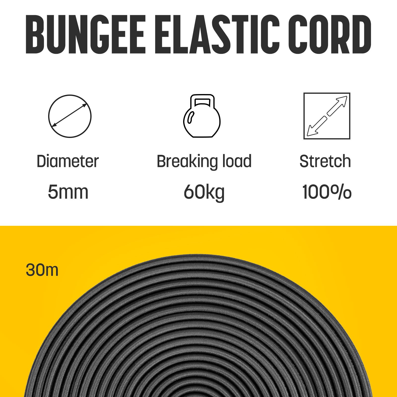 Kamu Synber Bungee Cord 5mm x 30m Elastic Shock Cord Bungee Rope for Tarpaulin Kayak, Tie Down, Camping, Black - Image 3