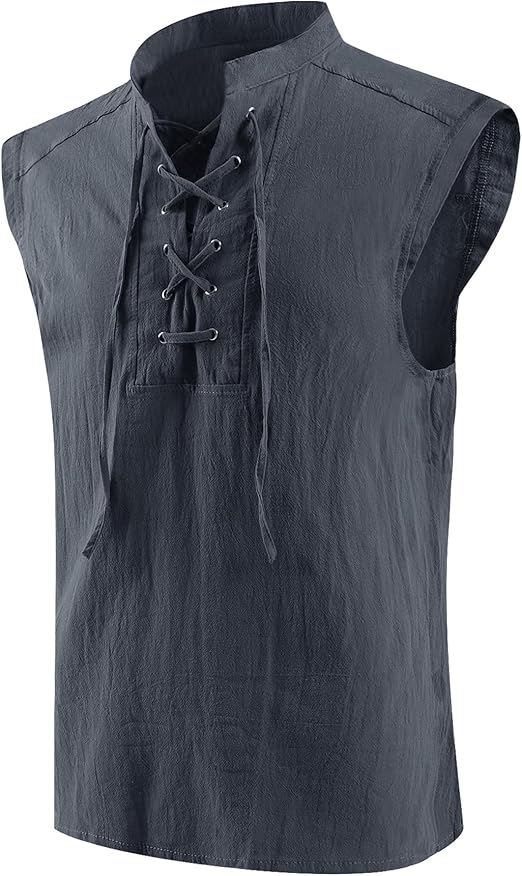 Mens Medieval Renaissance Pirate Costume Sleeveless Lace-up Stand Collar Shirt Gothic Viking Steampunk Top Tunic