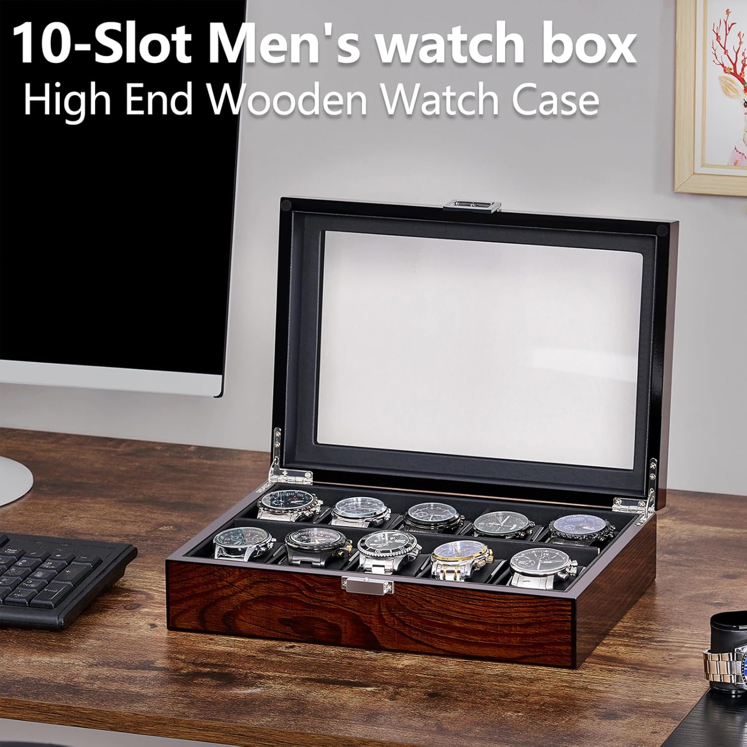 BEWISHOME Watch Case, 10-Slot Watch Box with Large Glass Lid, Wooden Watch Box Organizer for Men, Watch Storage with Removable Watch Pillows, Synthetic Leather Interior, Brown SSH10Y