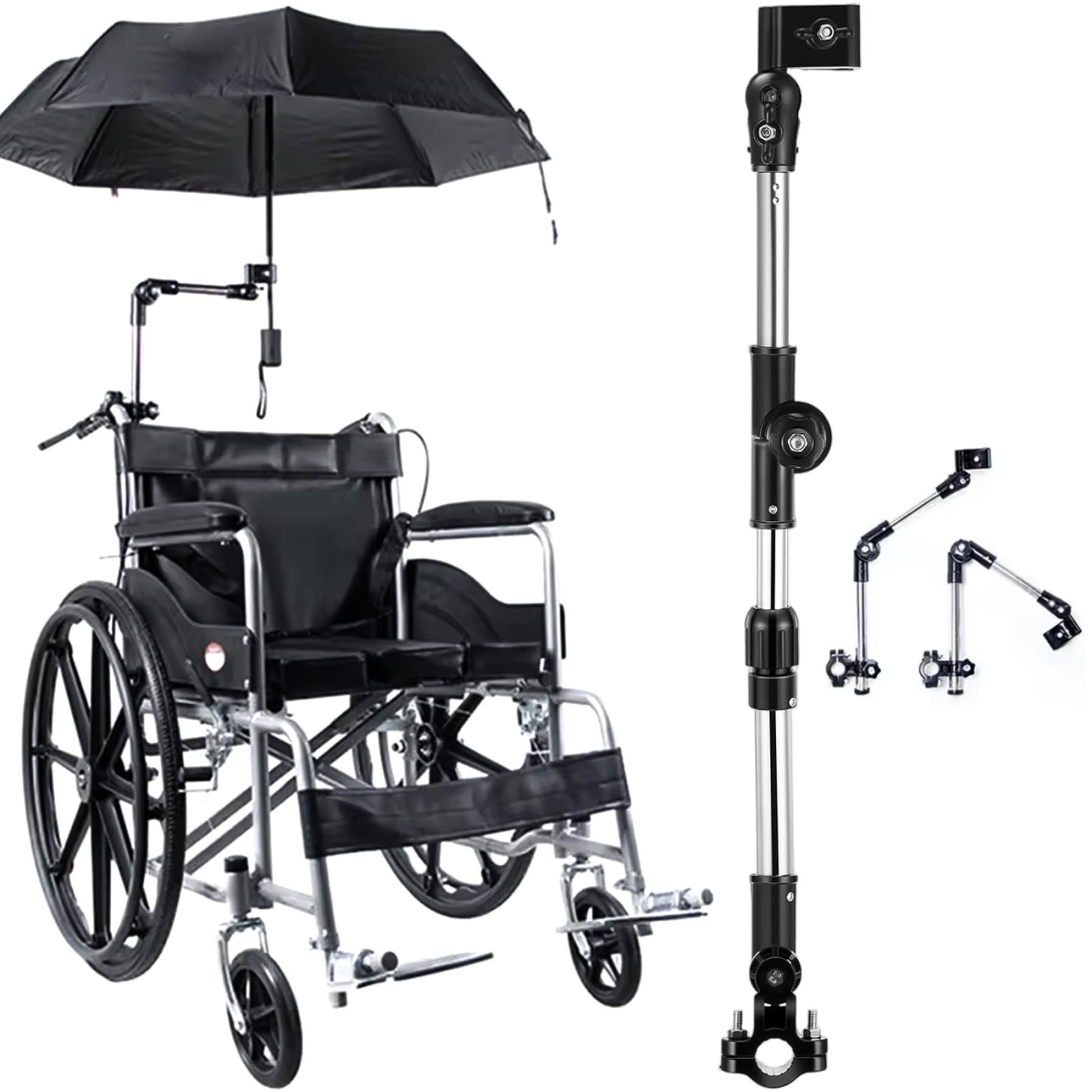Paraguas de silla de ruedas con abrazadera de paraguas plegable ajustable retráctil de 180 °, soporte de soporte de acero inoxidable con base sin deslizamiento, para cochecito, sillas de rued