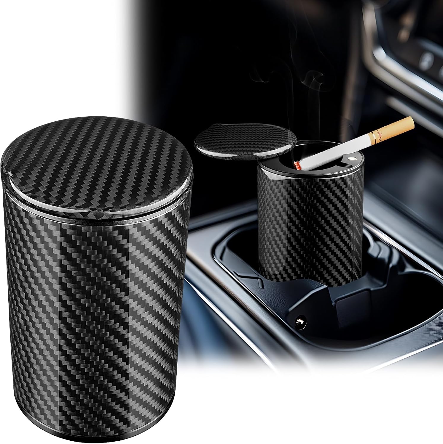 T-carbon Car Ashtray with Lid,Smokeless Ashtray for Cup Holder Smell Proof,Portable Ashtrays for Most Car, Office, Home,Glossy Black