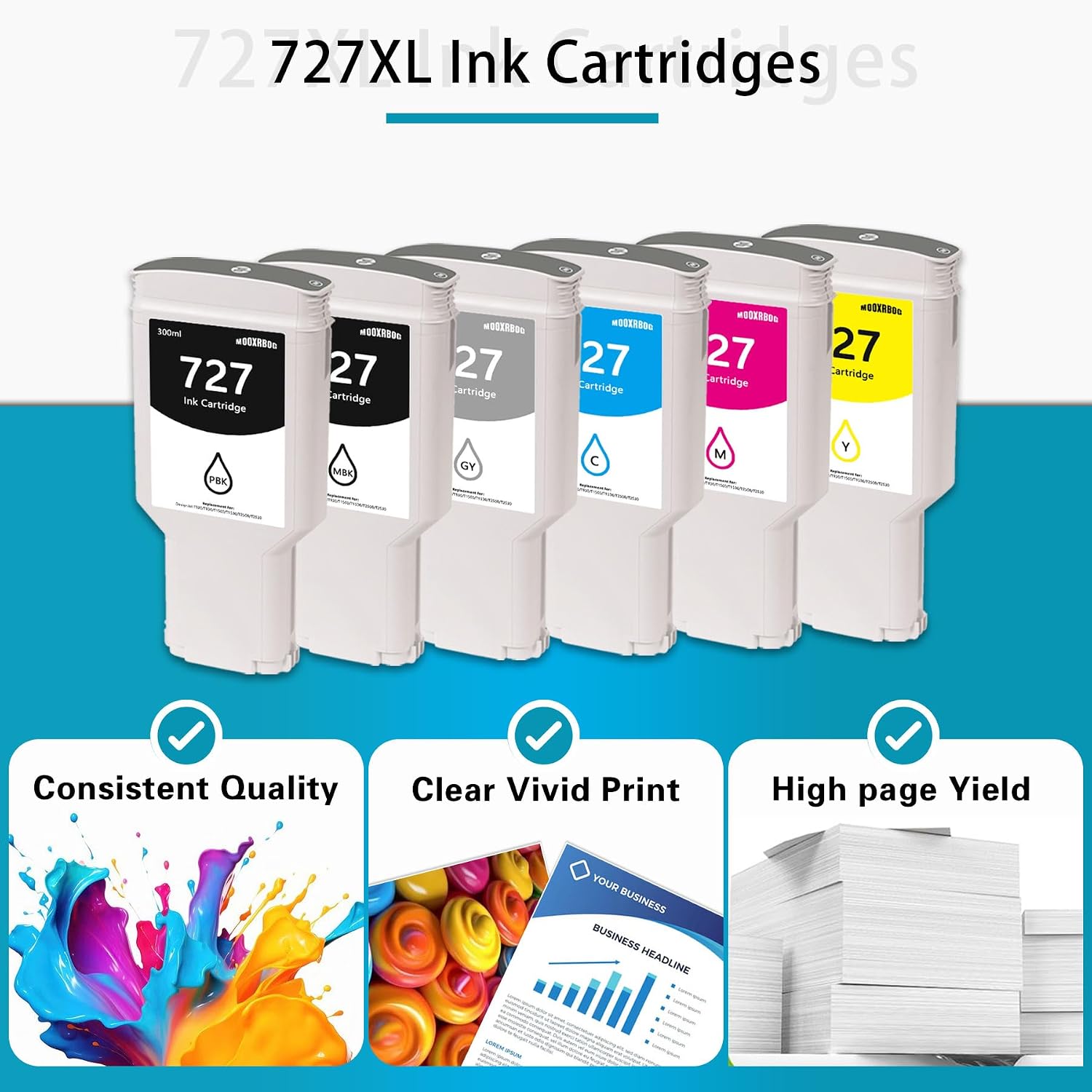727 Ink Cartridges High-Yield Replacement for HP 727 C1Q12A B3P23A B3P24A B3P19A B3P20A B3P21A Ink Work for DesignJet T930 T920 T1500 T2500 T1530 T2530 Inks(6Pack, 300ml-MBK/PBK/GY//C/M/Y)