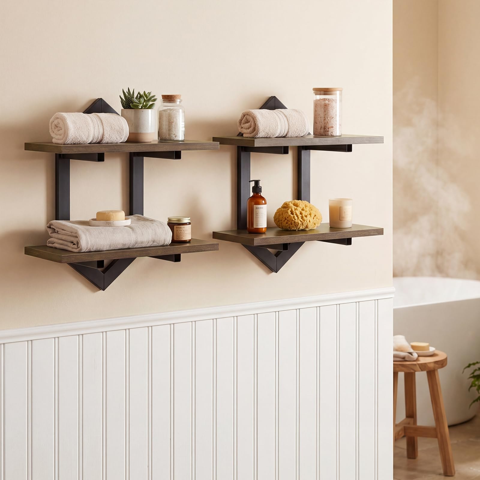 2er-Set Wandregal aus Holz und Metall, Schweberegal im Rauten-Design, Deko Regal für Wände, Vintage Hängeregal für Wohnzimmer, Schlafzimmer, Küche & Büro