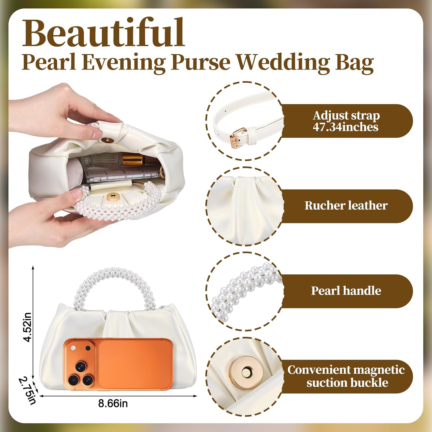 4 Pcs Pearl Jewelry Set for Women Pearl Leather Ruched Clutch Purse Necklace and Earring Bracelet Bridal Jewelry Set for Women Wedding Bridesmaid Formal Evening Party Prom