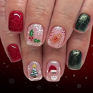 24 Stück Weihnachts-Press-on-Nägel,Kurze Quadratische Künstliche Nägel,Niedlichem Weihnachtsmann-Design,Vollständige Abdeckung,Rot-Grün,Wiederverwendbar