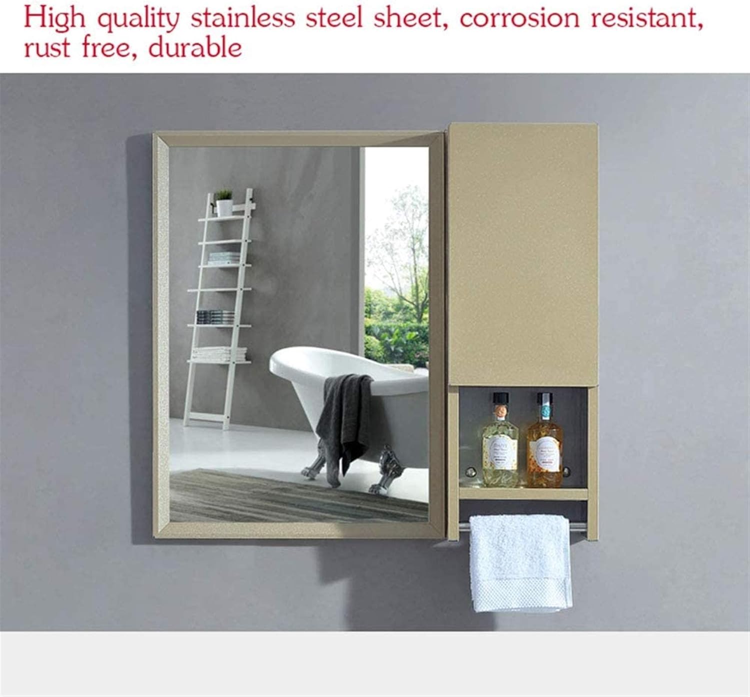 Mirrors for Bathroom Stainless Steel Bathroom Mirror with Side Cabinets, 19.6"X27.5" WallMounted Washable Vanity Mirror,Single Side Cabinet (Champagne Gold (Right))
