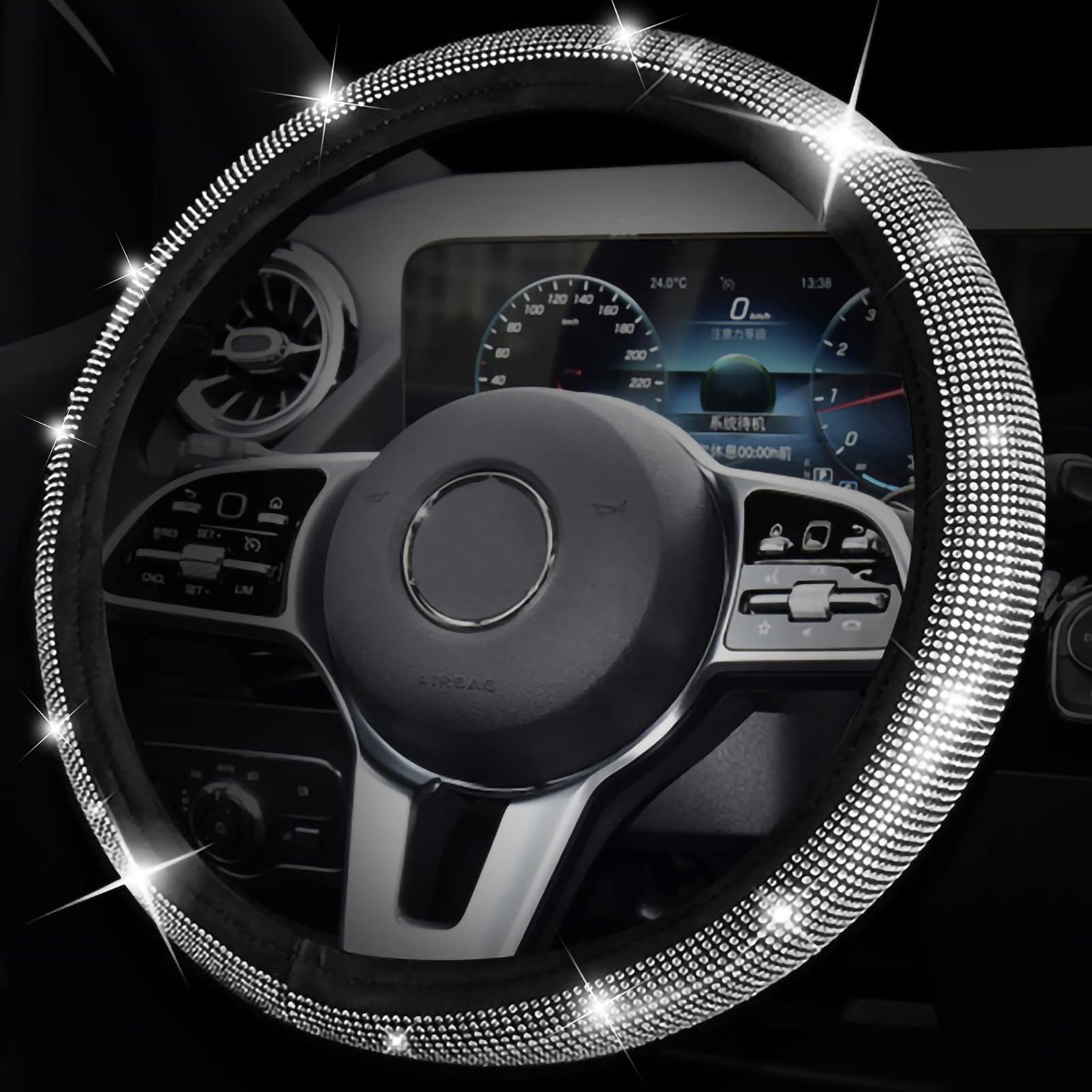Car Steering Wheel Cover for Women Men, Steering Wheel Covers Soft Protector,Elastic Car Interior Decor Accessories Universal 15 inch (White Bling)