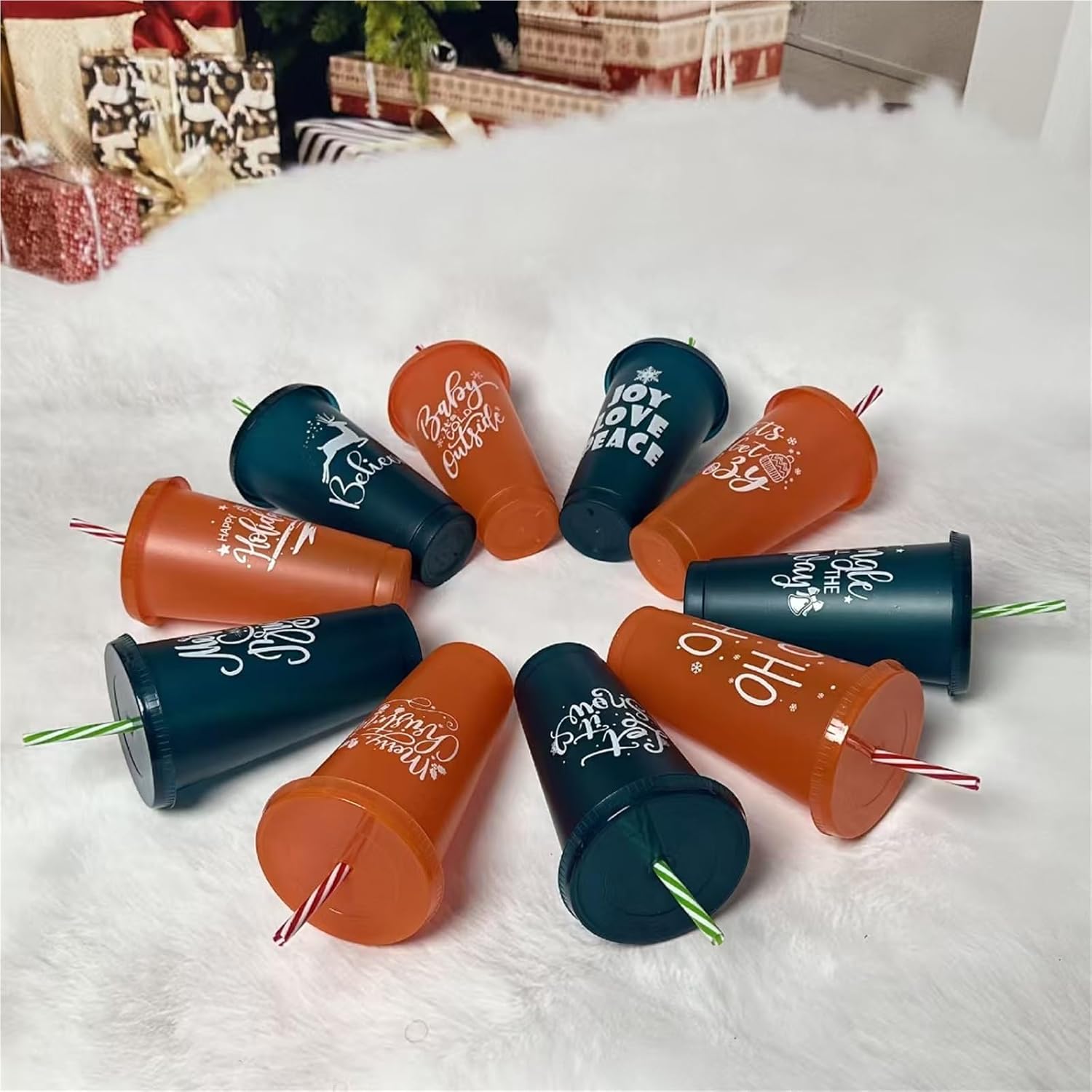10 Set Christmas Plastic Cups With Lids And Straws, 24oz Reusable Christmas Cups For Xmas Gift Holiday Party Supplies