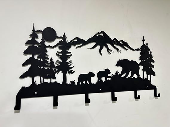 DEKADRON Metal Bear Family Themed Wall Mounted Coat Rack with 6-8-10 Folding Hooks, Wall Mount Hanger for Bathroom Entryway Living Room Bedroom, Metal Coat Hooks, 6 Hooks (24x11)