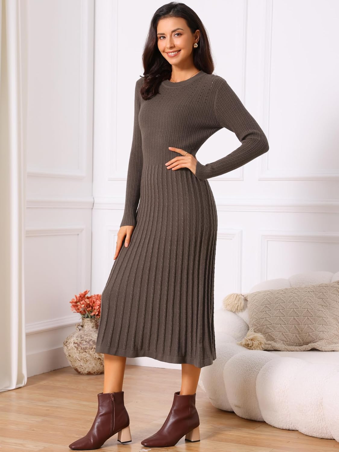 Seta T Women's Crewneck Sweater Dress Knit Long Sleeve Midi Ribbed A-Line Dress - Image 3