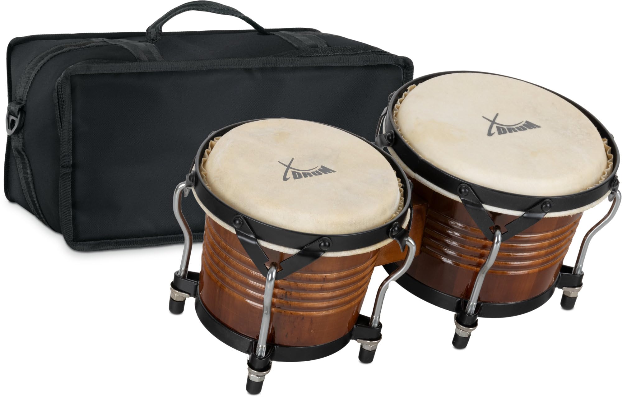 XDrum Bongos Pro Tobacco - 2 tambores con diámetros de 6,5" (17 cm) y 7,5" (20 cm) - Bongos con parches naturales afinables, llave de afinación y bolsa - Tambores de madera marrón