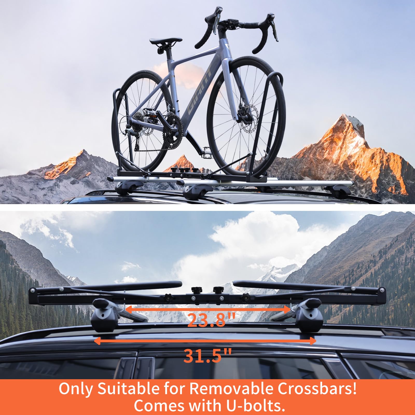 Roof Bike Rack Mount for Car & SUV, Foldable Upright Bicycle Carrier with Two Arms, 1-Bike Rooftop Carrier, only for Removable Roof Crossbars