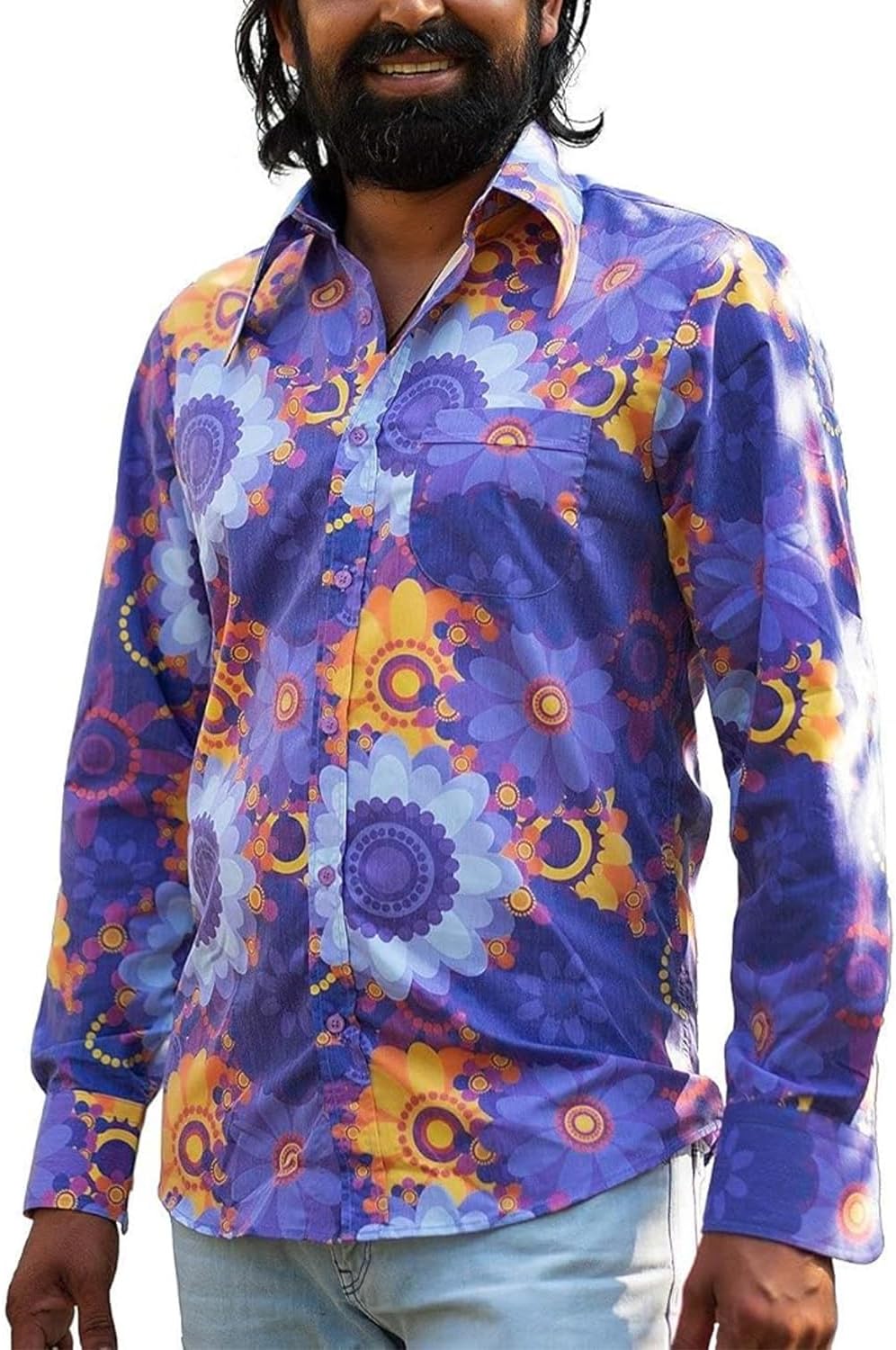 Mens 70s Disco Hip Hop Shirts Casual Button Down Paisley Floral Vintage Long Sleeve Large Collar Shirt - Image 3