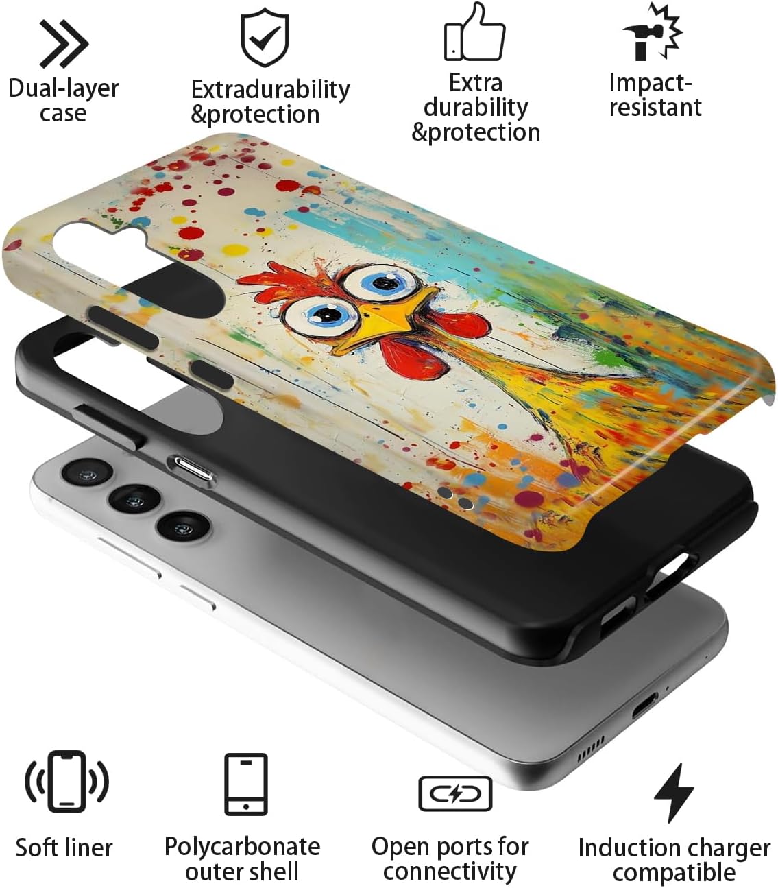 Compatible for Samsung Galaxy S25 FE 5G Case,Individualized and Distinctive Double Layer Protection Shockproof Phone Cover for Women Men Girl Boy,Funny Rooster image 2
