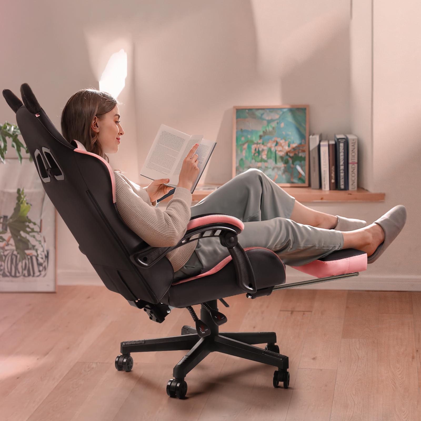 Waleaf Gaming Stuhl mit Fußstütze, Ergonomischer PC-Stuhl, Gamer Sessel aus Leder mit Lendenkissen Kopfstütze, Verstellbarer und Drehbarer Schreibtischstuhl für Erwachsene, Teenager, 140KG, Schwarz